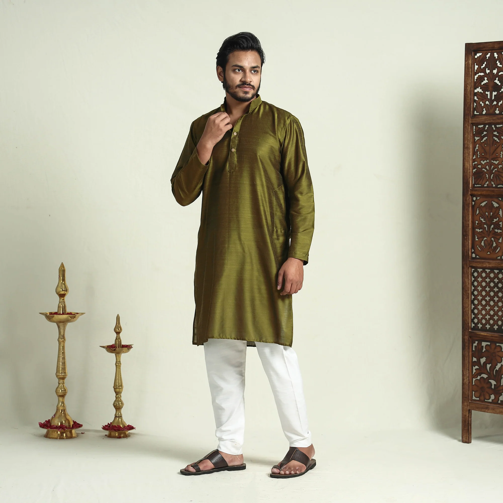 Olive Green - Plain Dyed Slub Silk Men Long Kurta - Image 2
