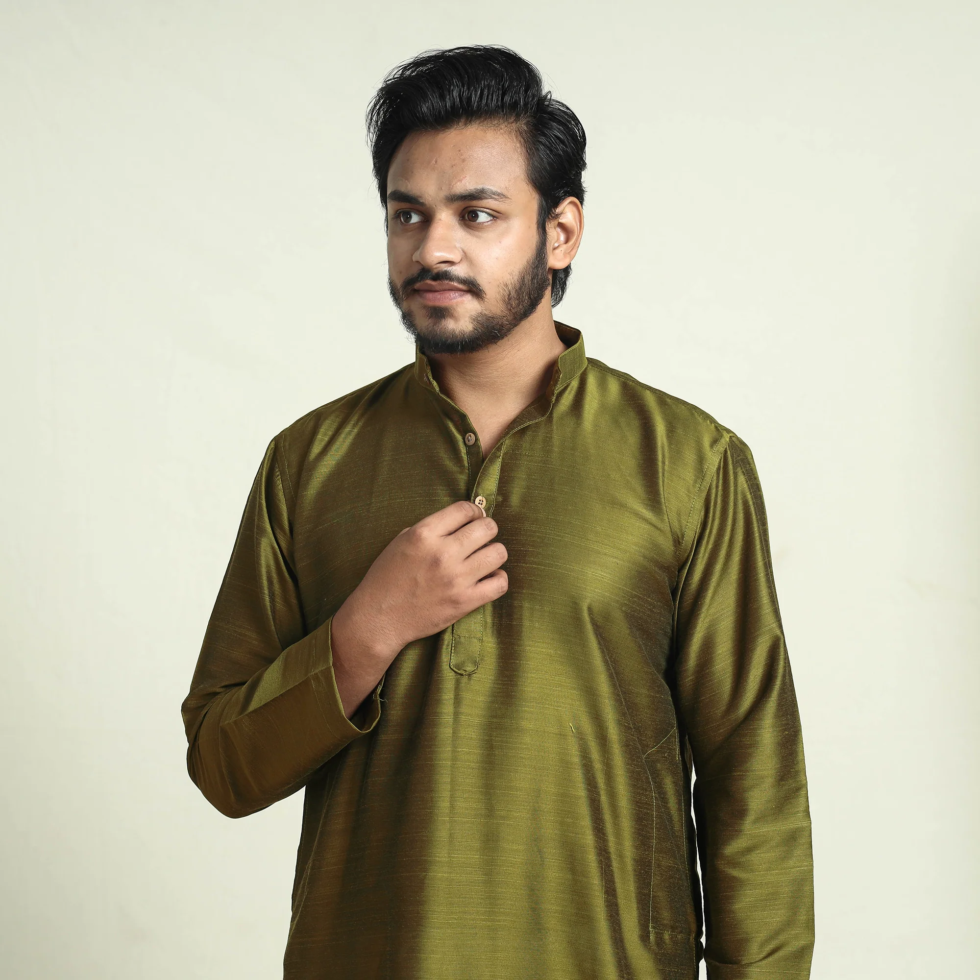 Olive Green - Plain Dyed Slub Silk Men Long Kurta - Image 3