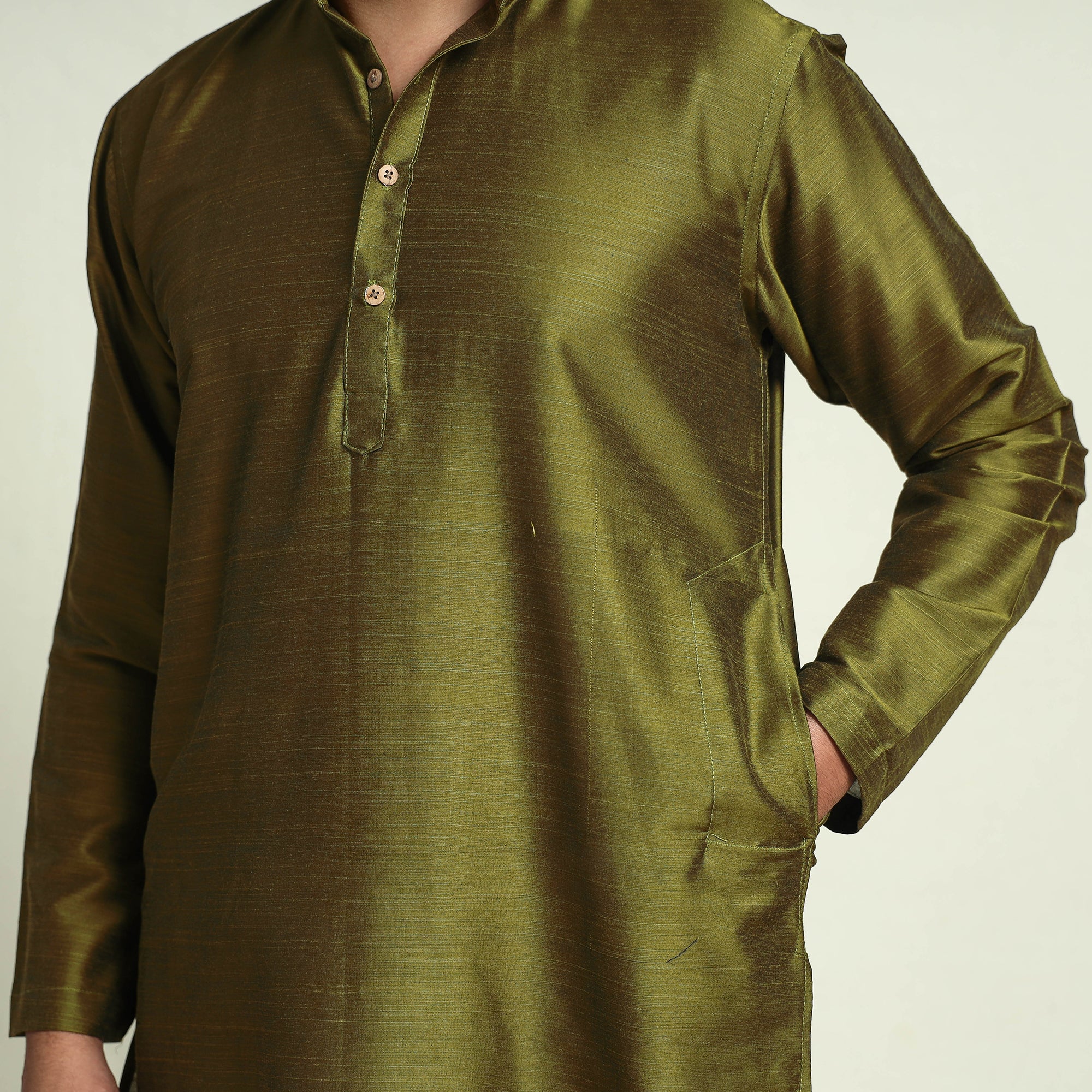 Olive Green - Plain Dyed Slub Silk Men Long Kurta - Image 4