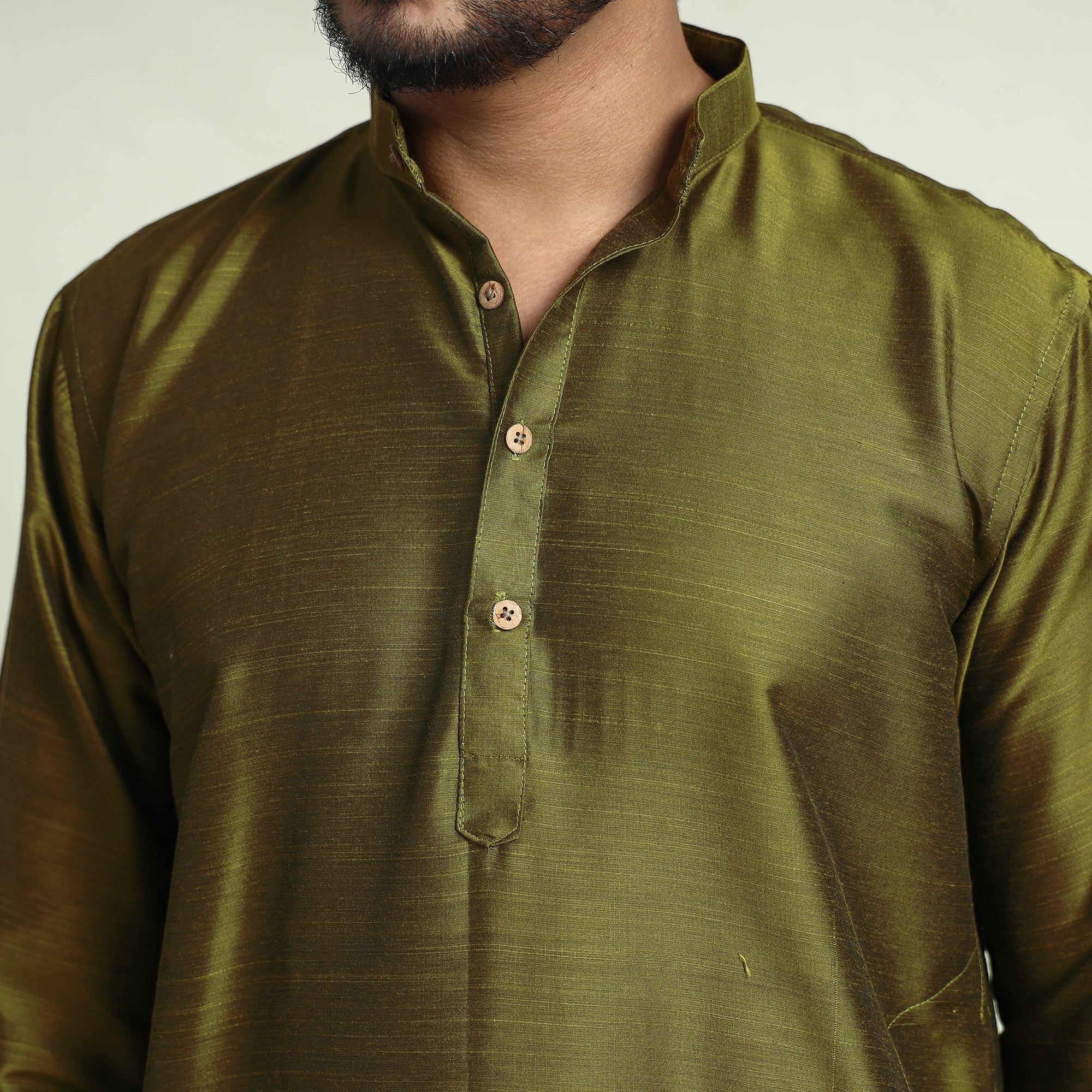 Olive Green - Plain Dyed Slub Silk Men Long Kurta - Image 5
