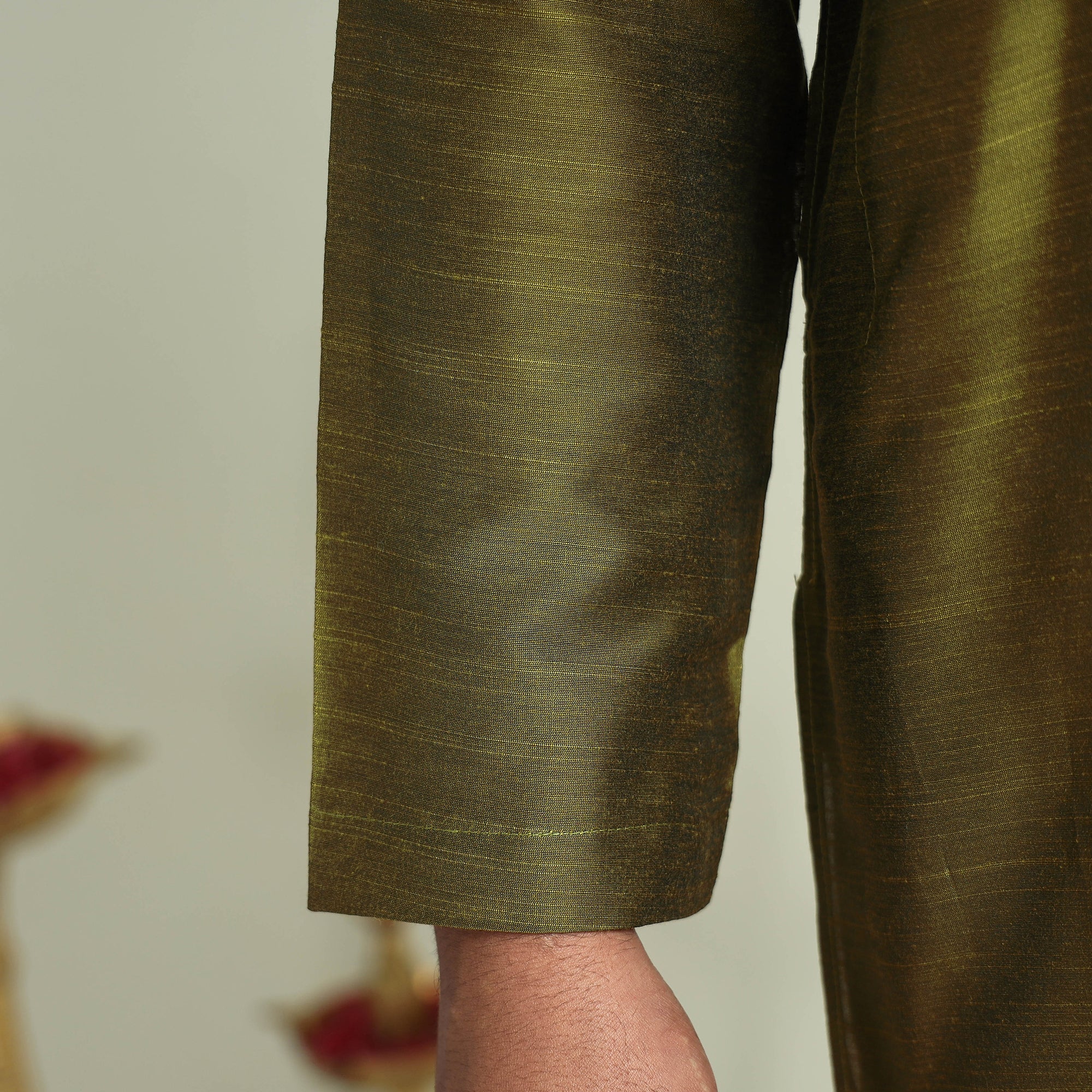 Olive Green - Plain Dyed Slub Silk Men Long Kurta - Image 6
