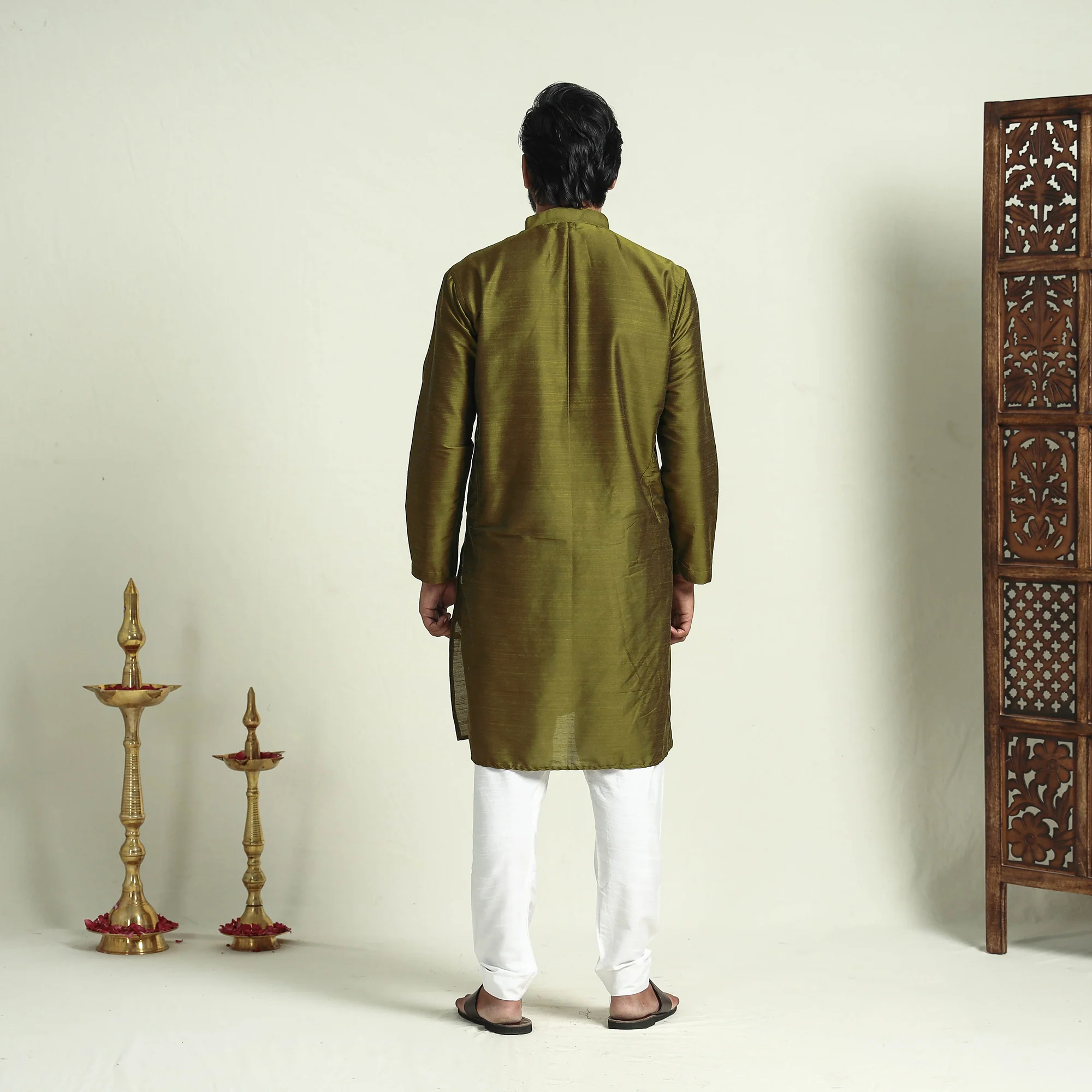 Olive Green - Plain Dyed Slub Silk Men Long Kurta - Image 7