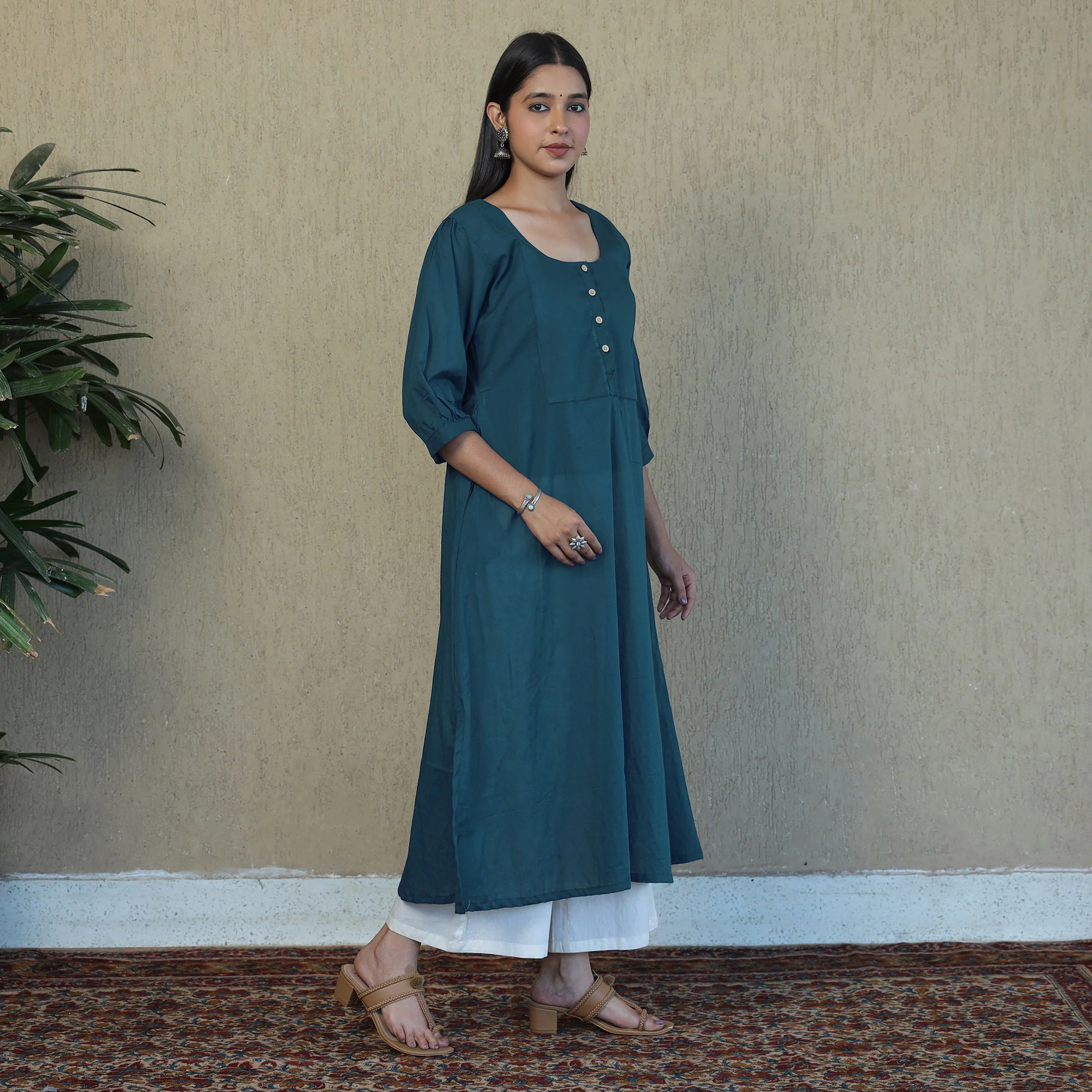 Blue - Mulmalai Cotton Plain Dyed A-Line Kurta - Image 2