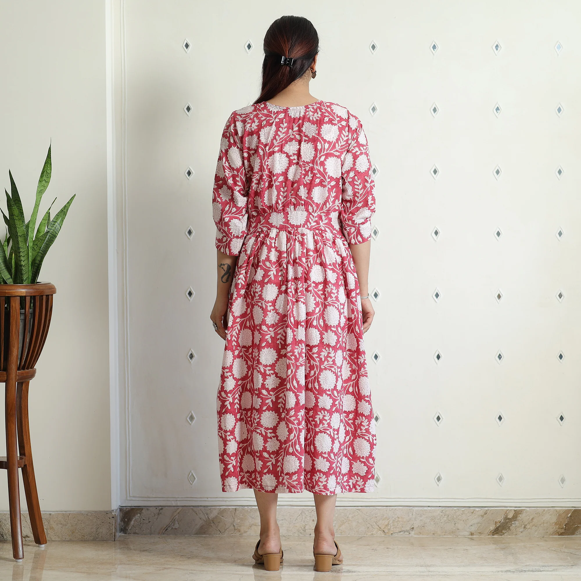 Pink - Sanganeri Block Printed Cotton Angrakha Flared Dress - Image 4