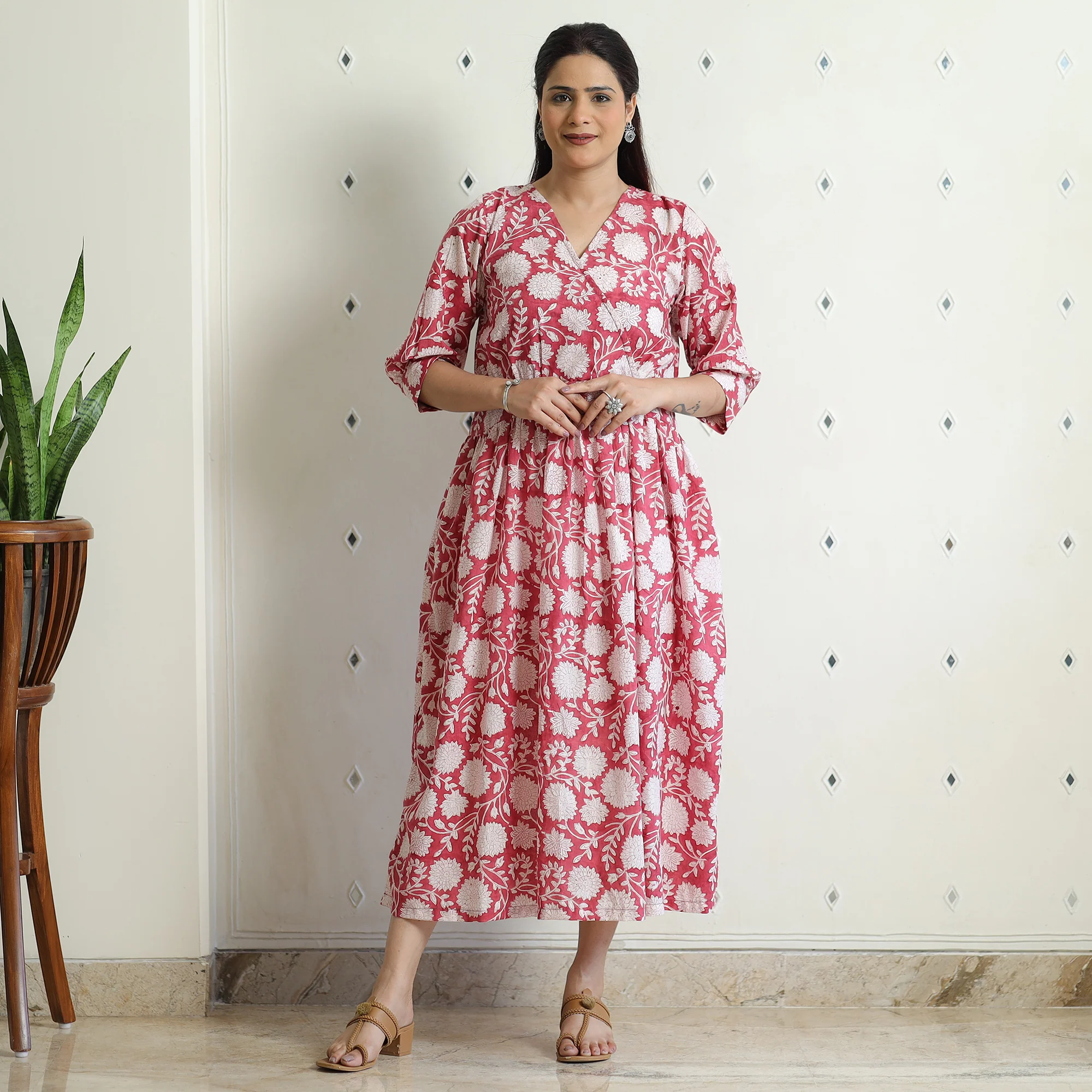 Pink - Sanganeri Block Printed Cotton Angrakha Flared Dress - Image 7