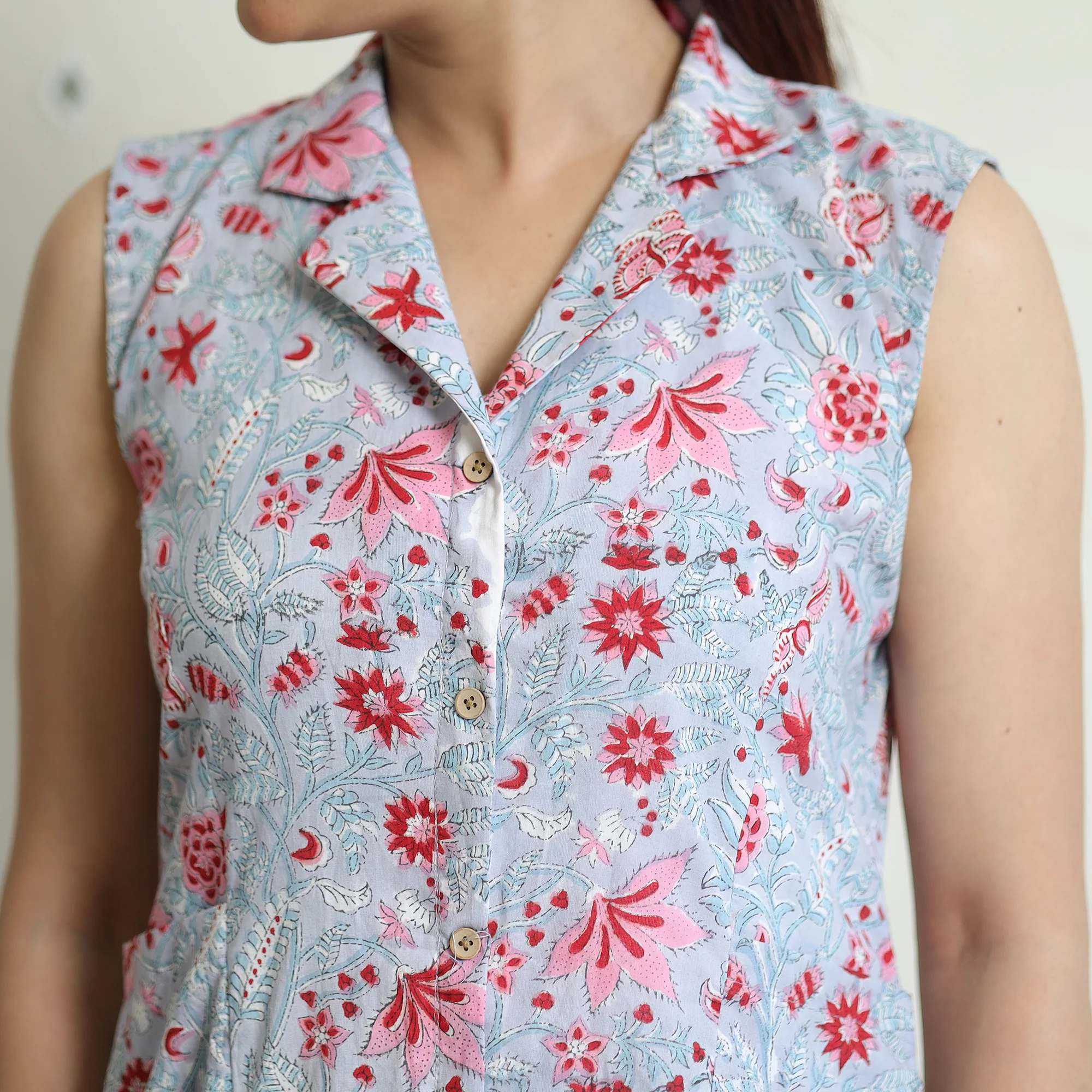 Light Grey - Sanganeri Block Printed Cotton Collared Neck Buttoned Down Dress - Image 4