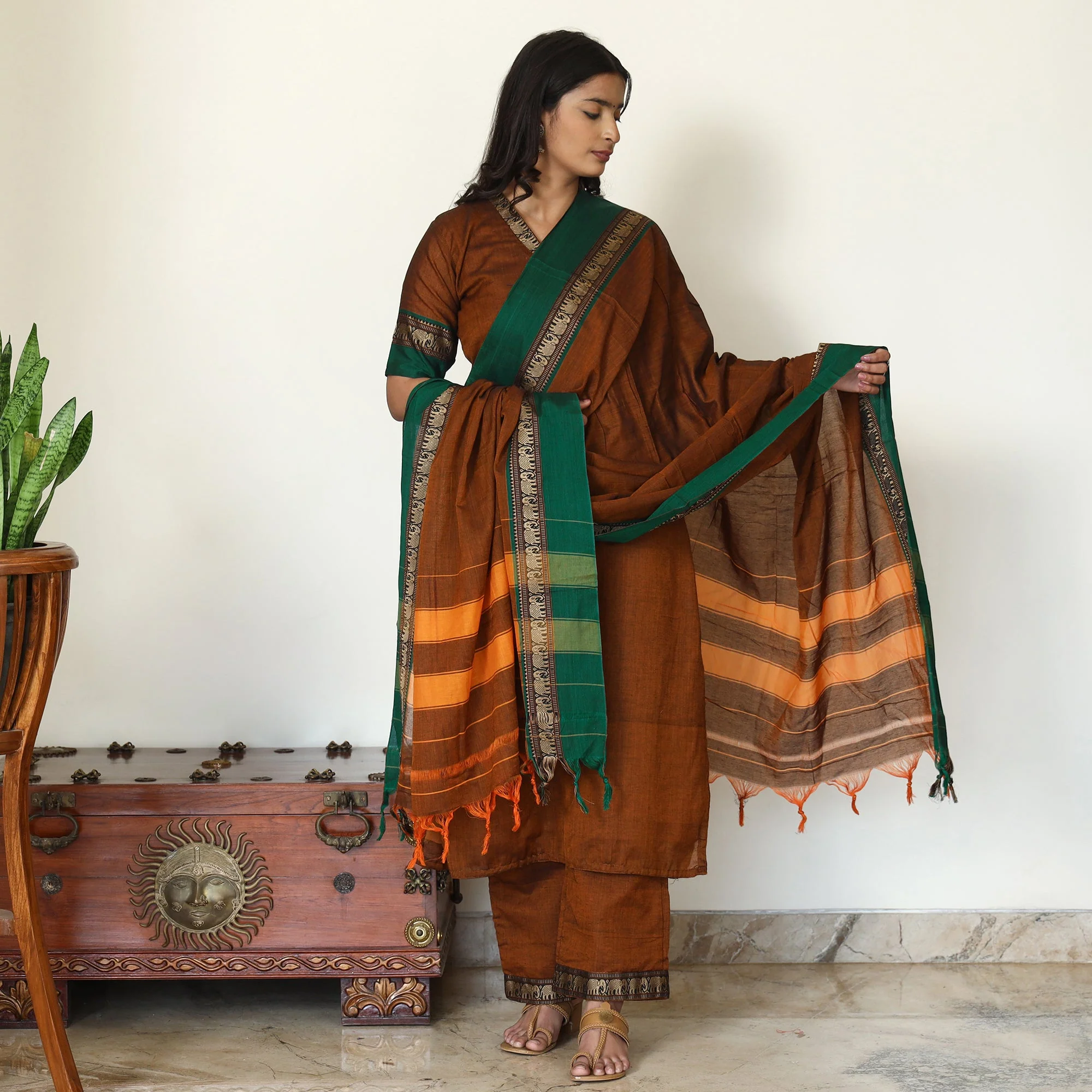 Brown - Dharwad Cotton Kurta with Palazzo & Dupatta Set 07