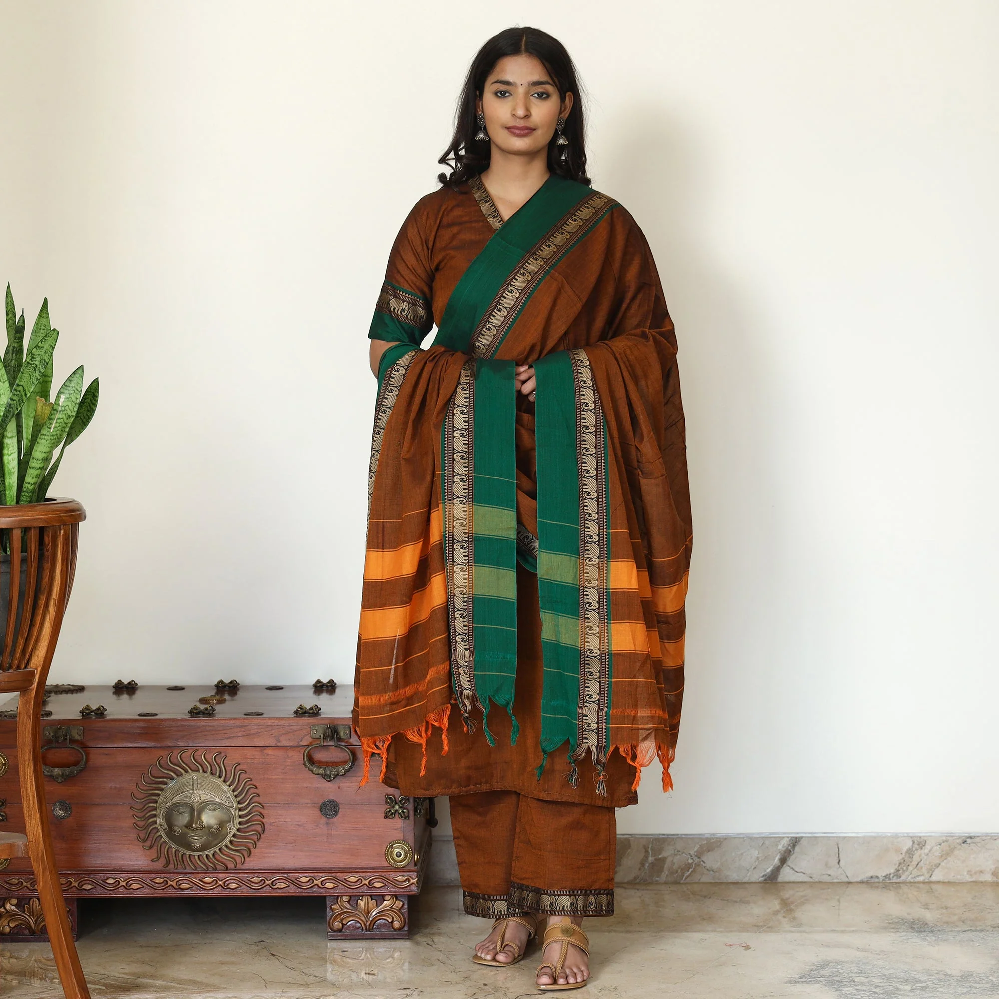 Brown - Dharwad Cotton Kurta with Palazzo & Dupatta Set 07 - Image 2