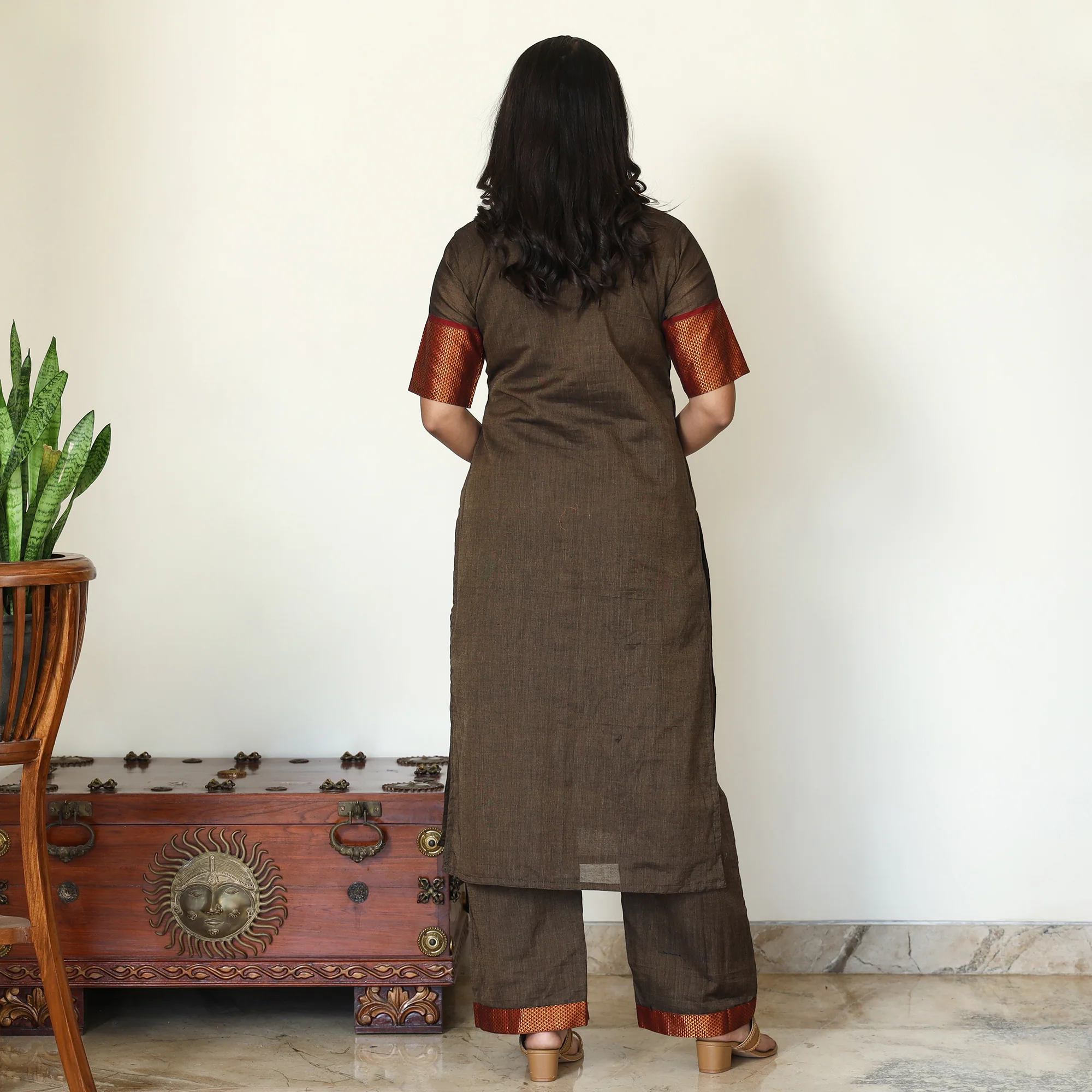 Brown - Dharwad Cotton Kurta with Palazzo & Dupatta Set 15 - Image 8