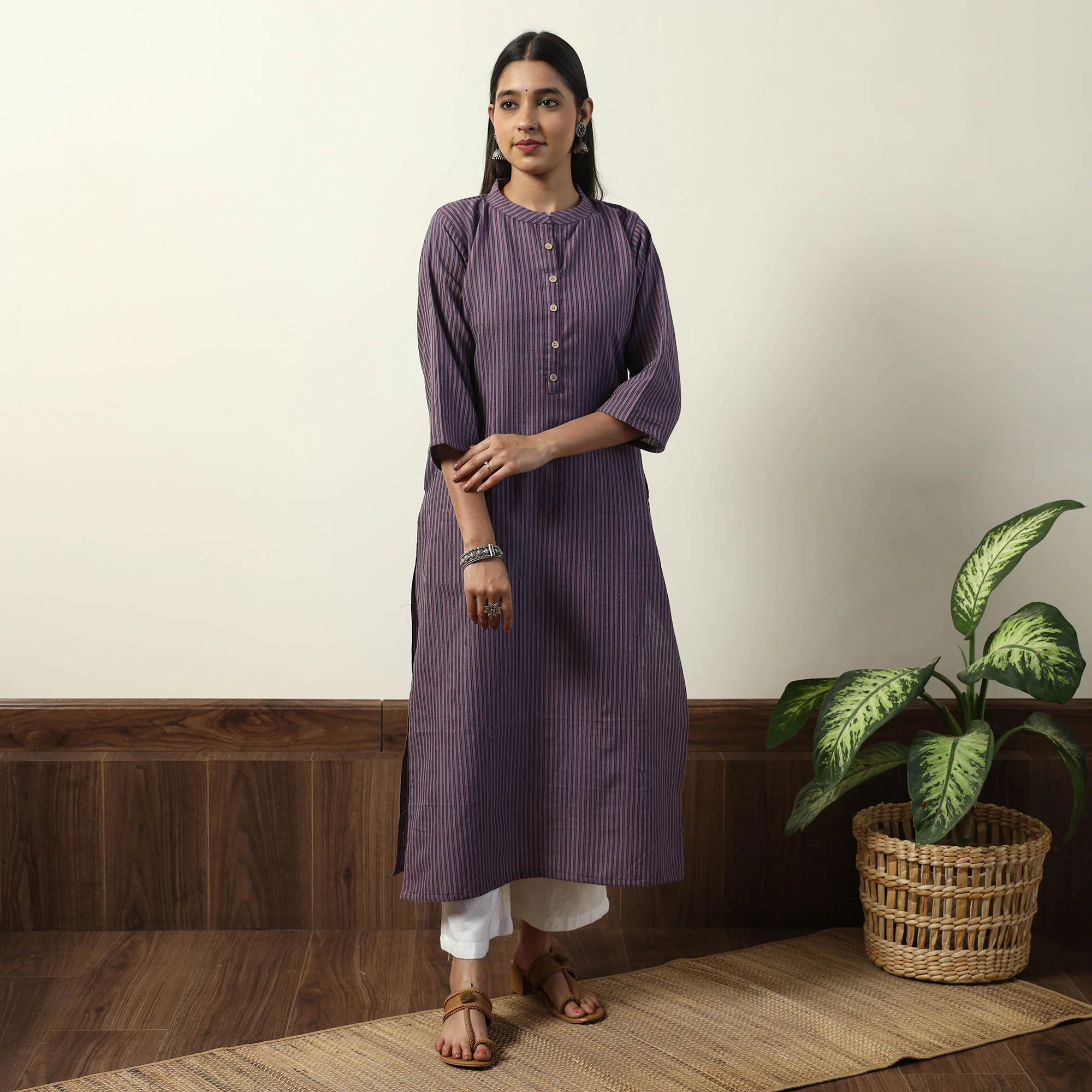Purple - Jhiri Handloom Cotton Straight Long Kurta - Image 3