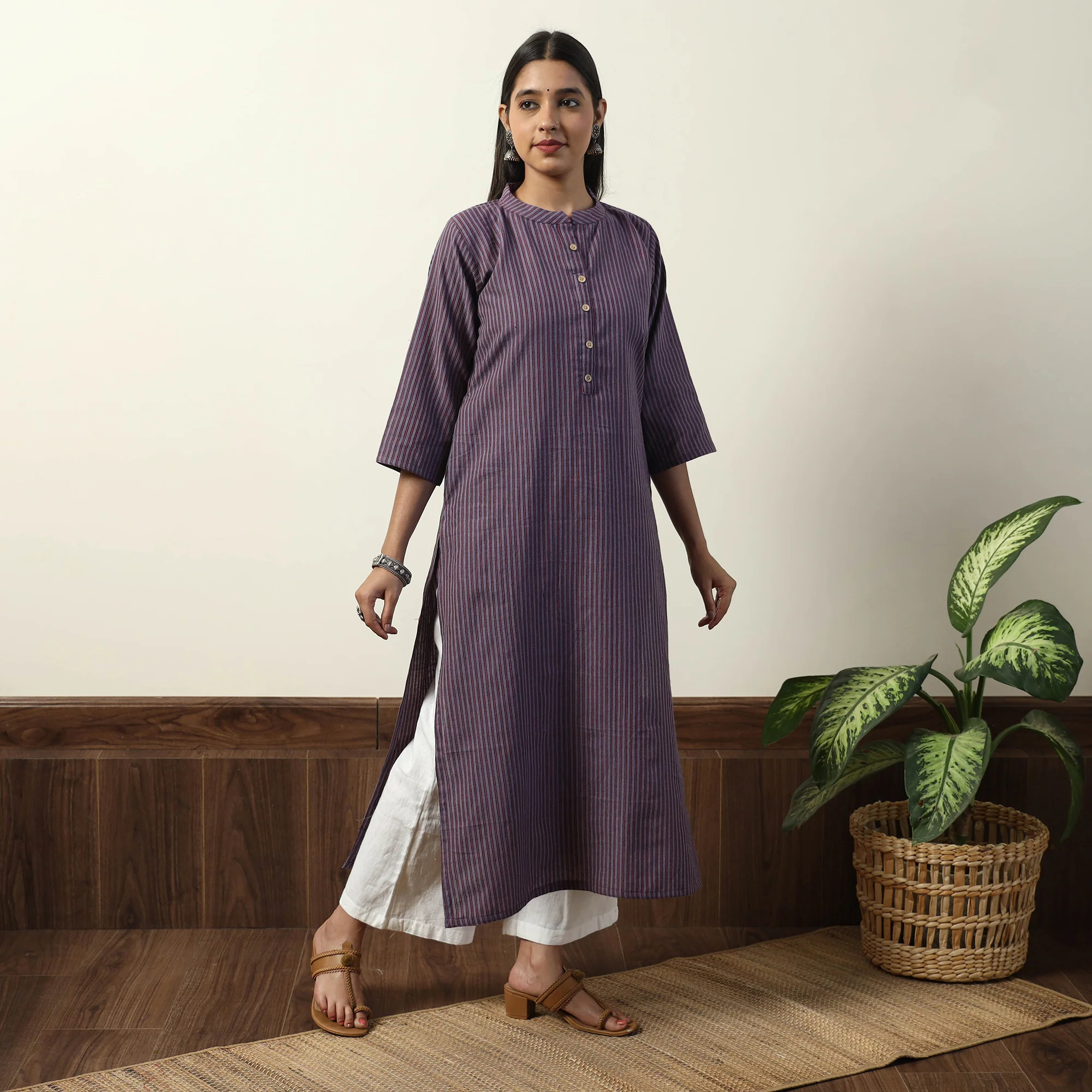 Purple - Jhiri Handloom Cotton Straight Long Kurta - Image 4