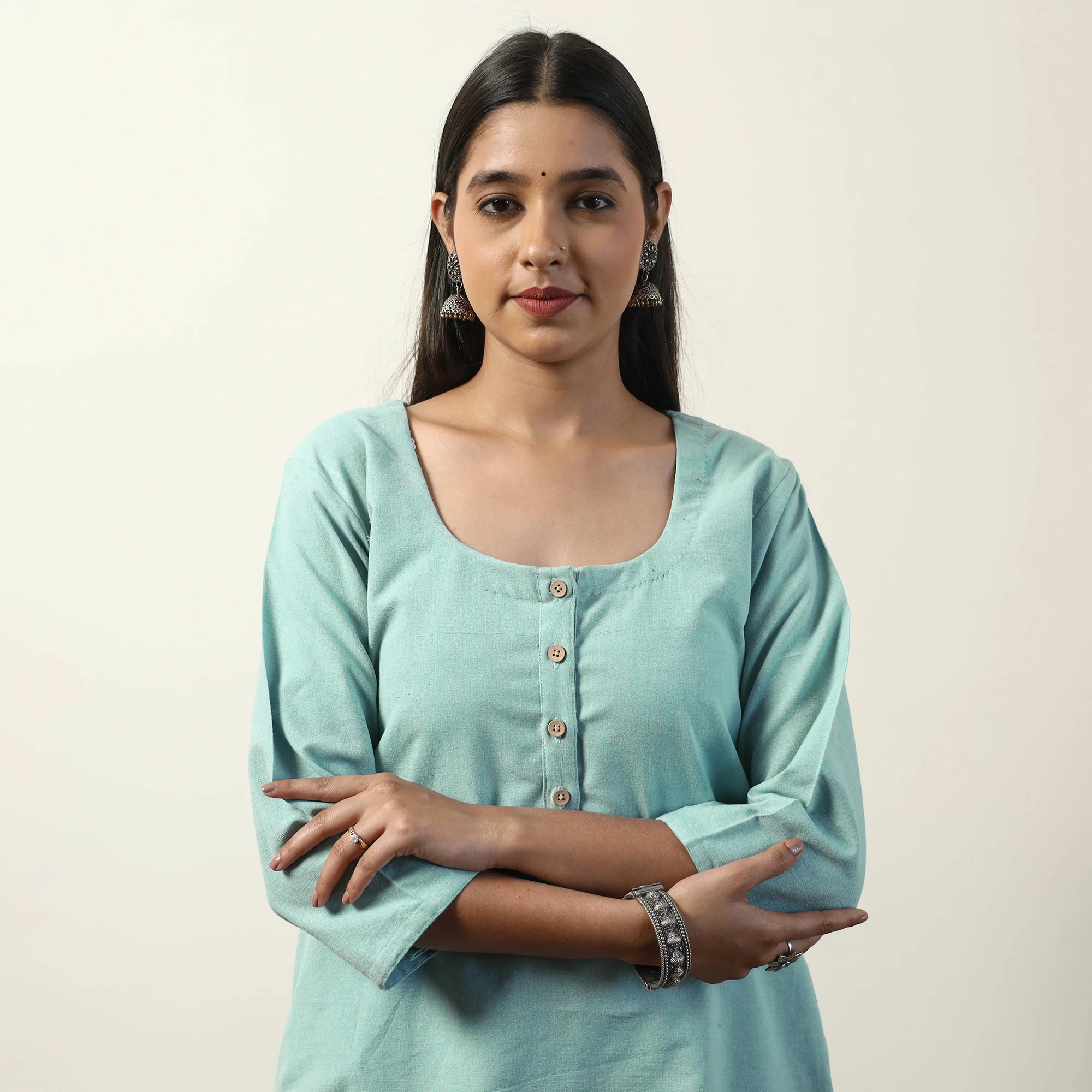 Sky Blue - Jhiri Handloom Cotton Straight Long Kurta