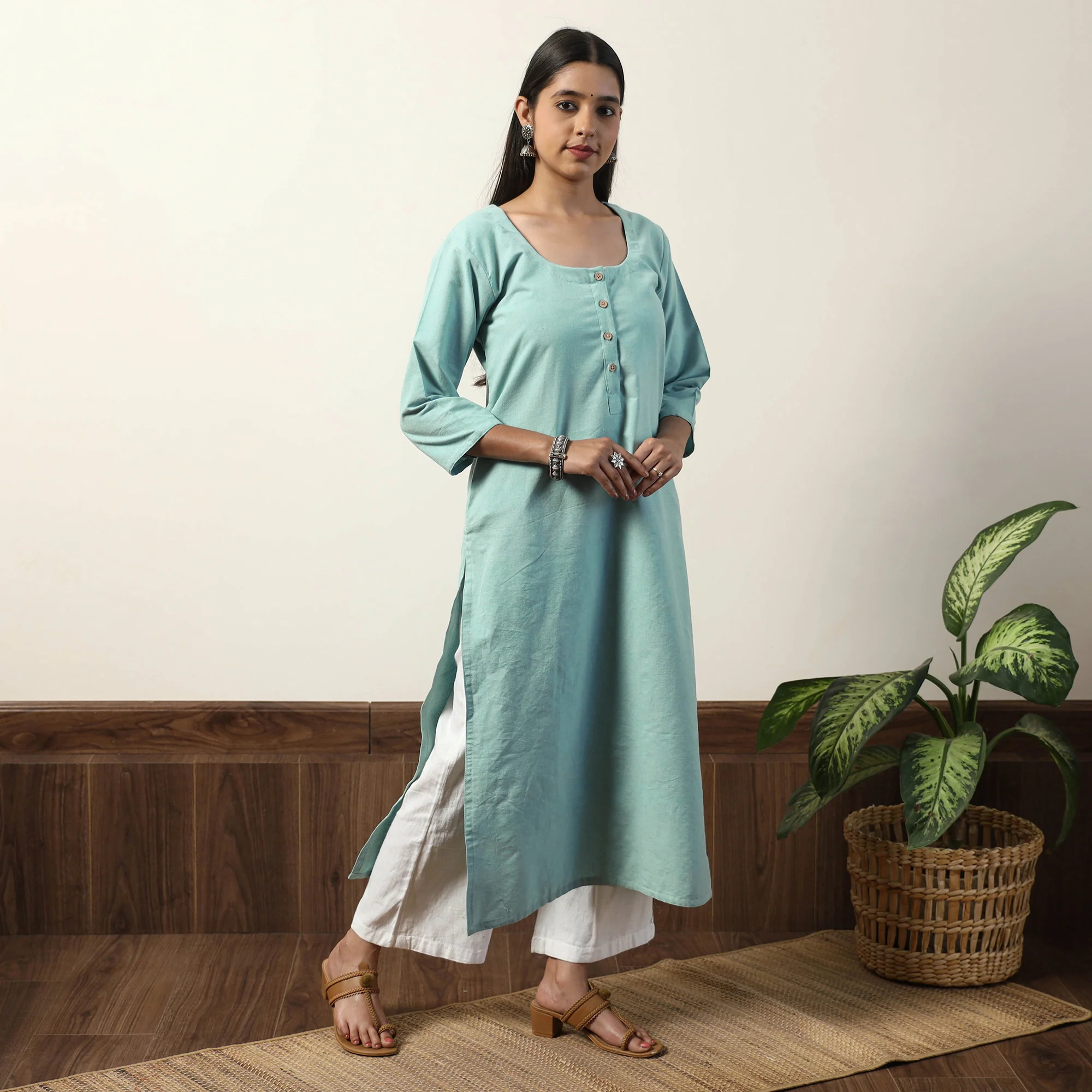 Sky Blue - Jhiri Handloom Cotton Straight Long Kurta - Image 2