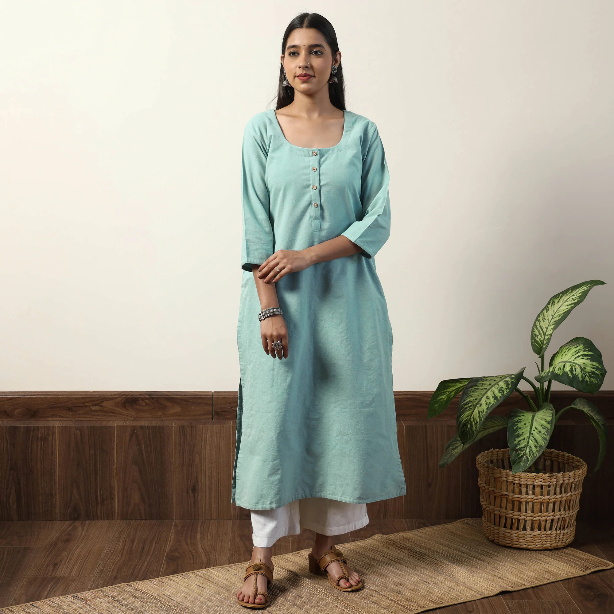 Sky Blue - Jhiri Handloom Cotton Straight Long Kurta - Image 3