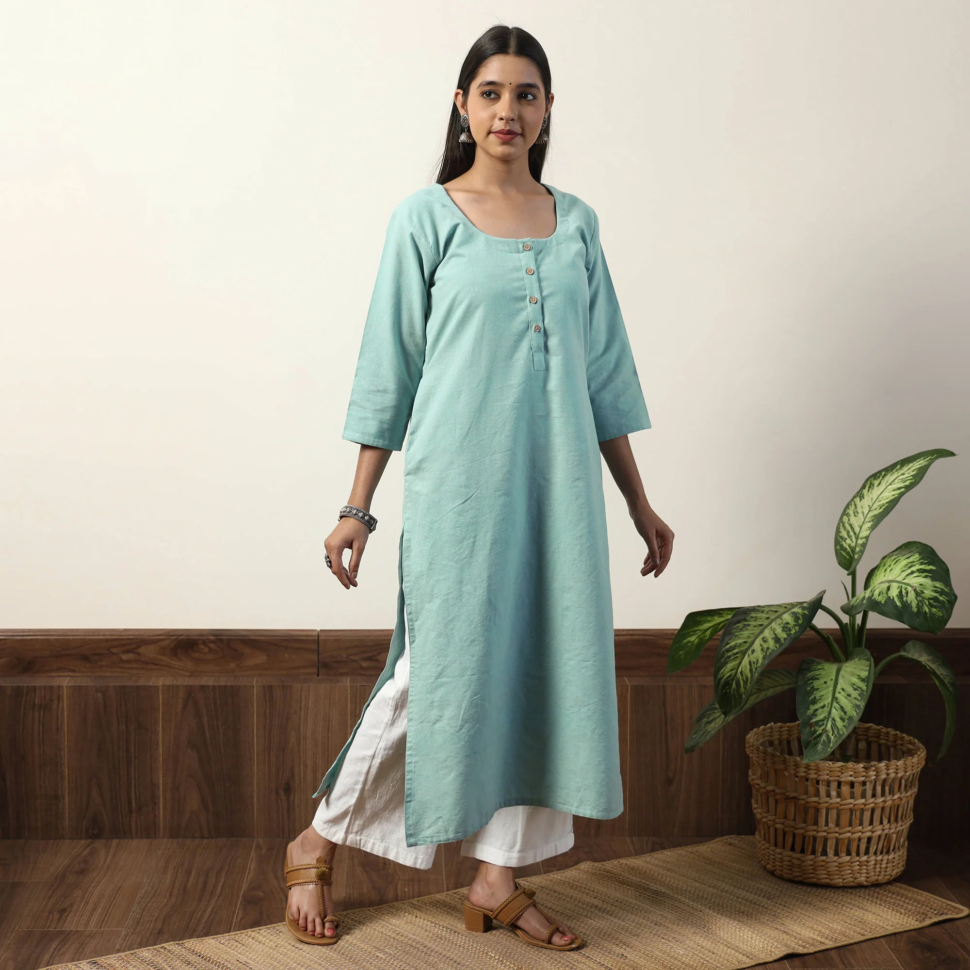 Sky Blue - Jhiri Handloom Cotton Straight Long Kurta - Image 4