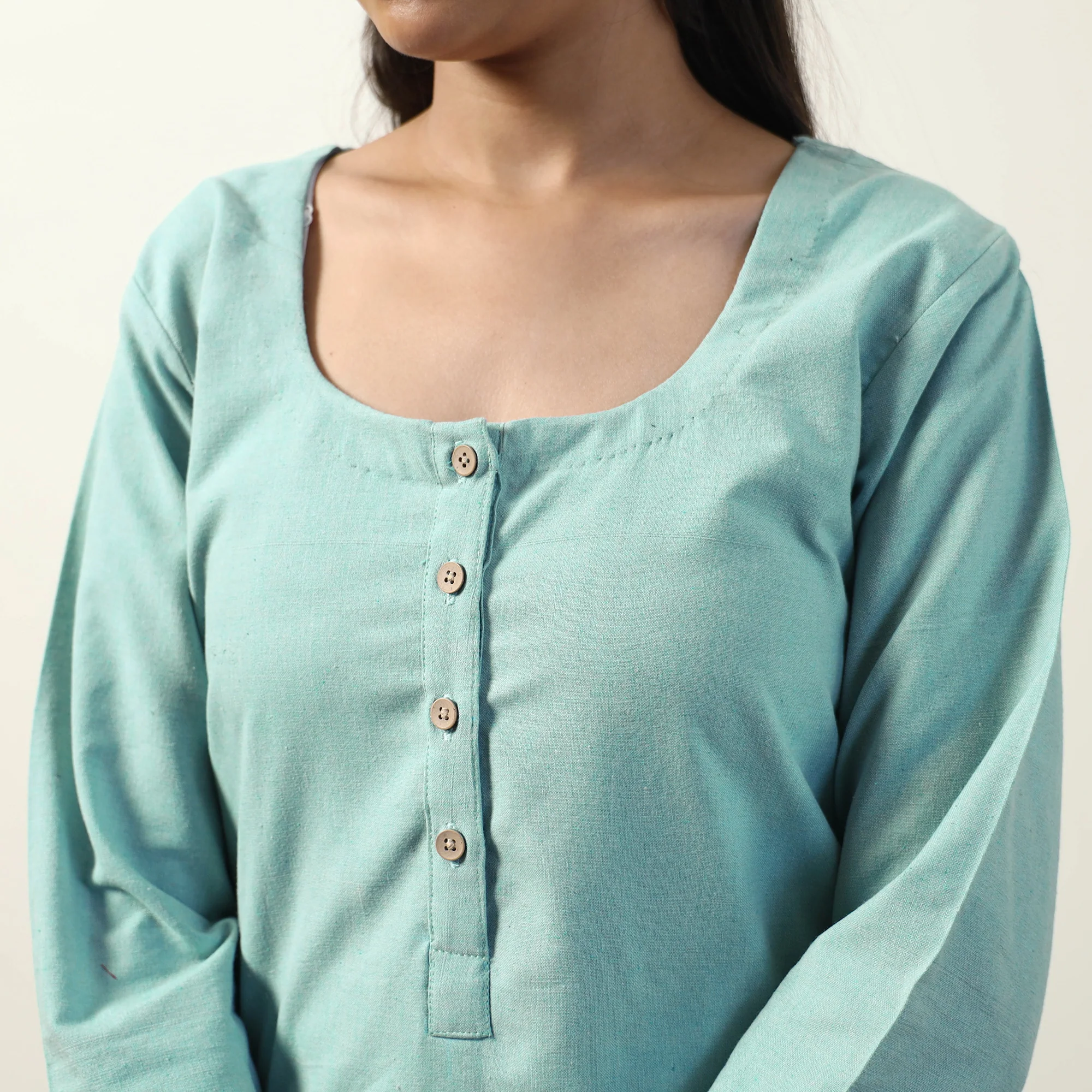 Sky Blue - Jhiri Handloom Cotton Straight Long Kurta - Image 5
