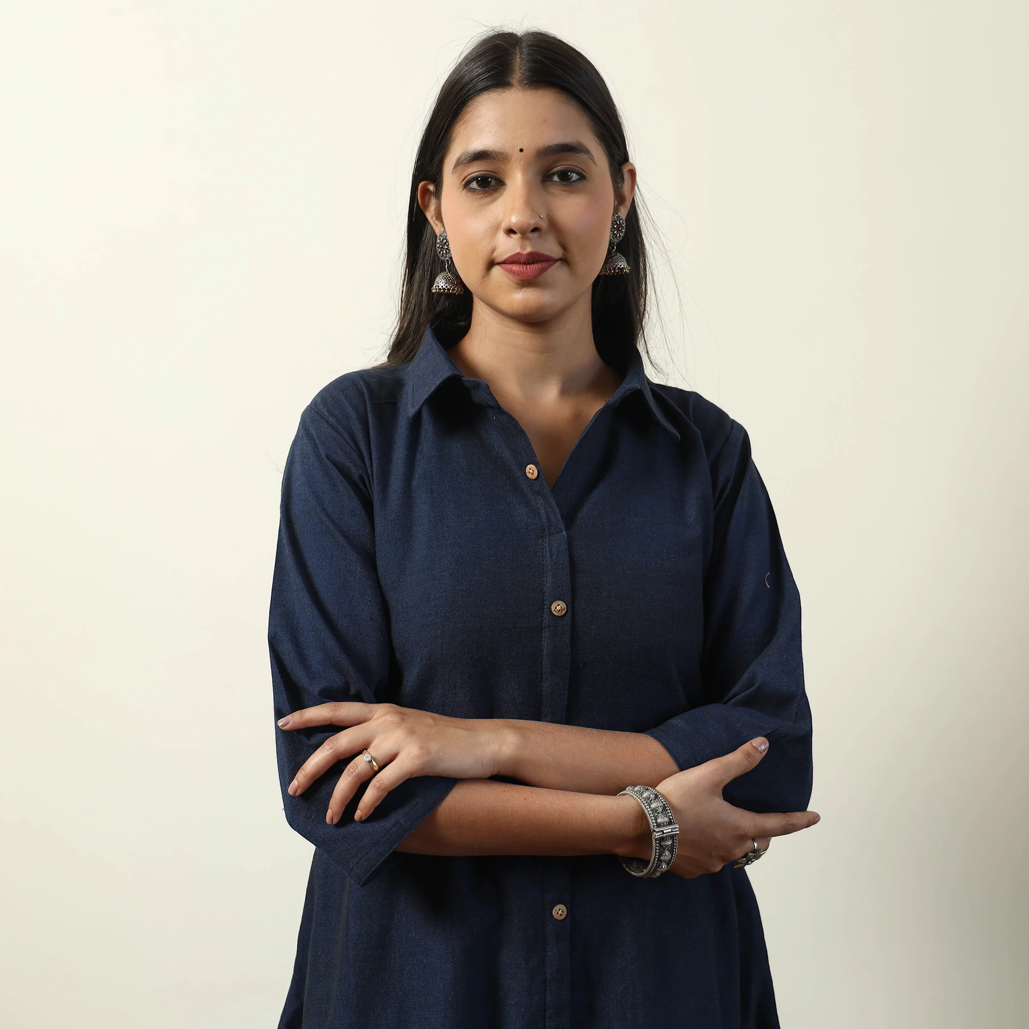 Navy Blue - Jhiri Handloom Cotton A-Line Long Kurta