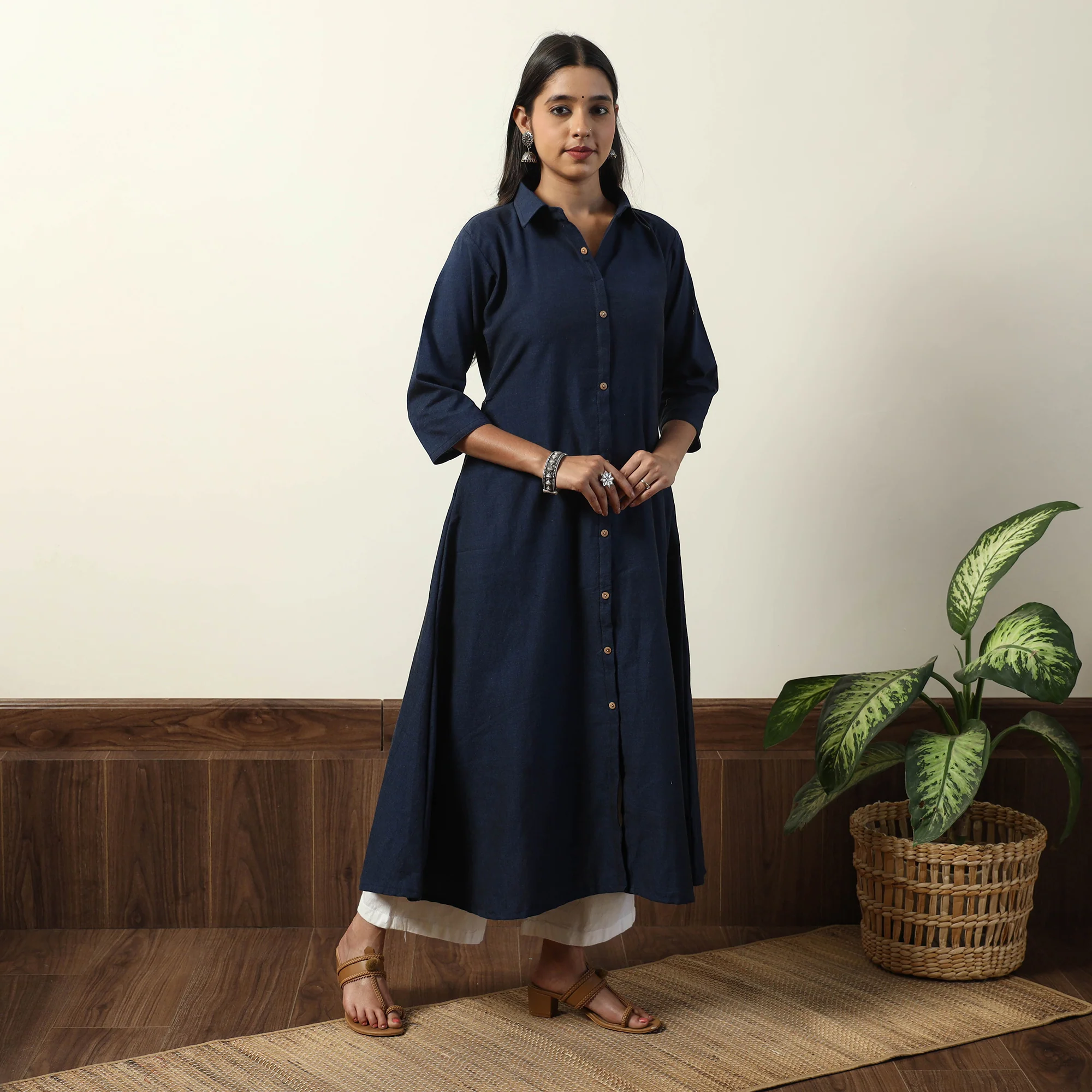 Navy Blue - Jhiri Handloom Cotton A-Line Long Kurta - Image 2