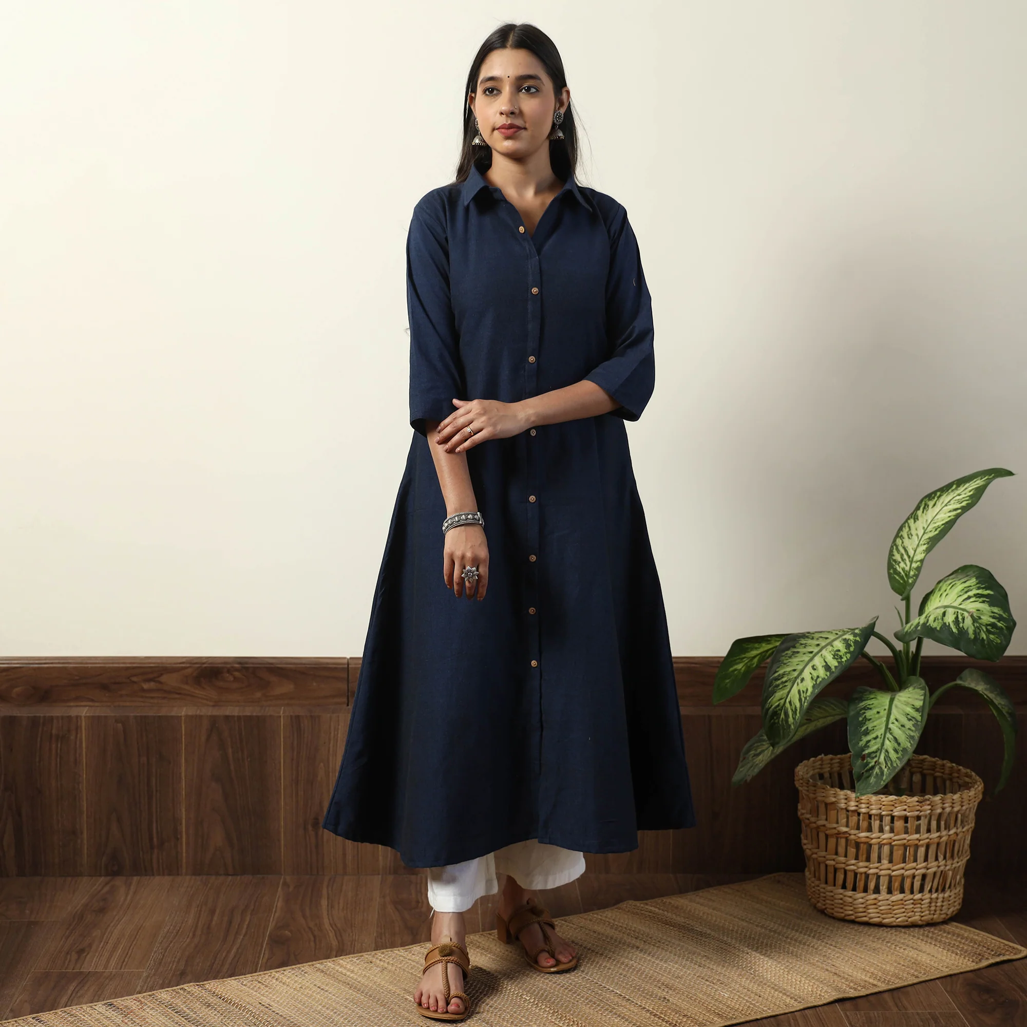 Navy Blue - Jhiri Handloom Cotton A-Line Long Kurta - Image 3
