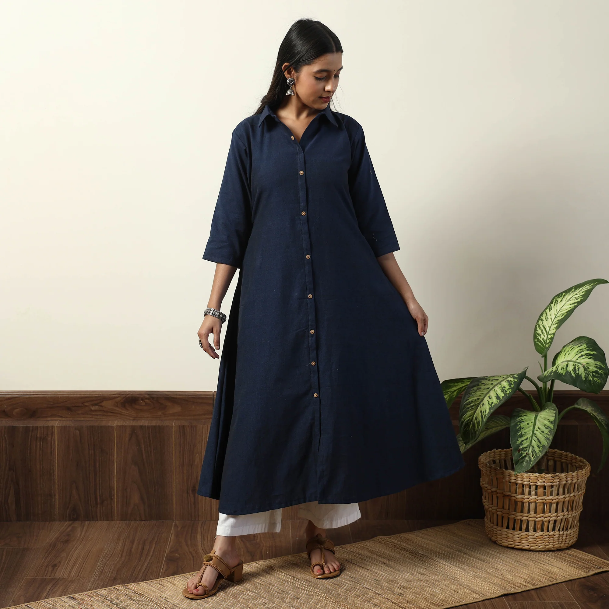 Navy Blue - Jhiri Handloom Cotton A-Line Long Kurta - Image 4