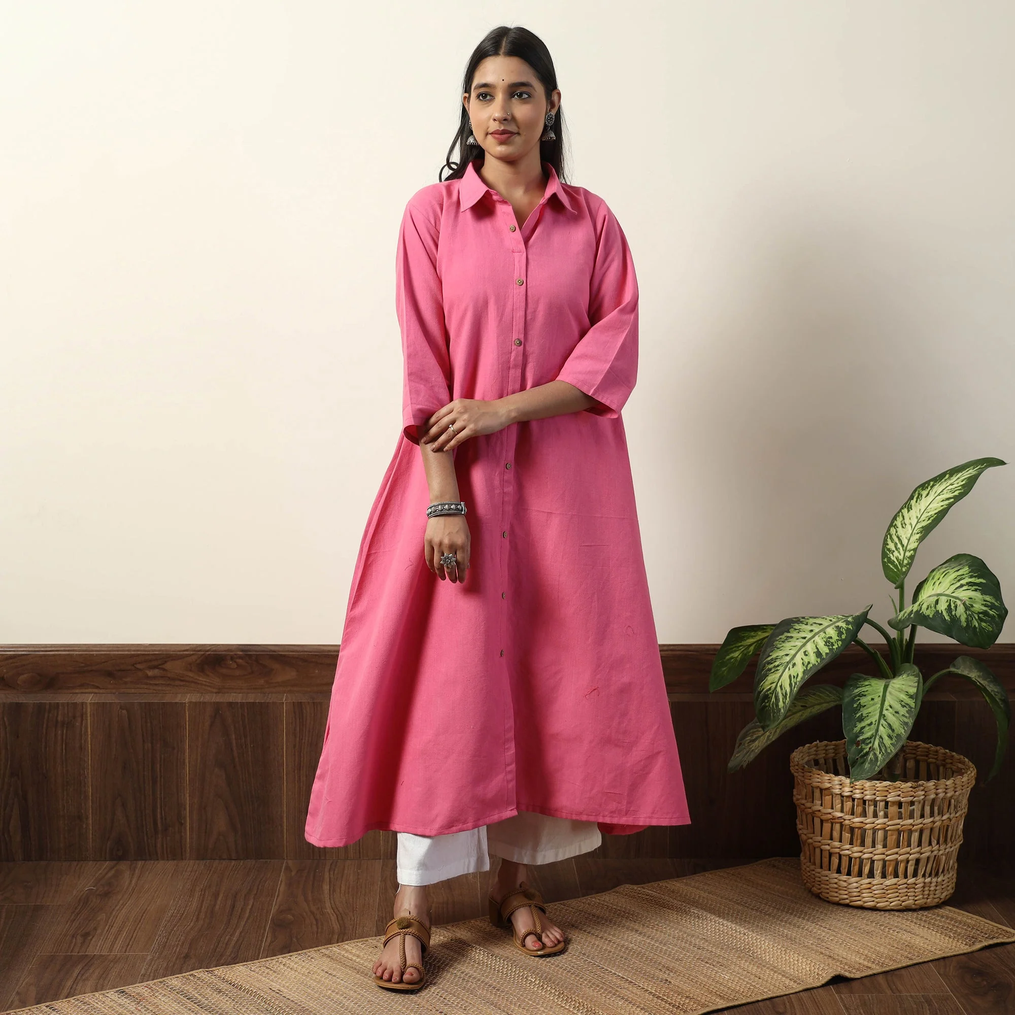 Pink - Jhiri Handloom Cotton A-Line Long Kurta - Image 3