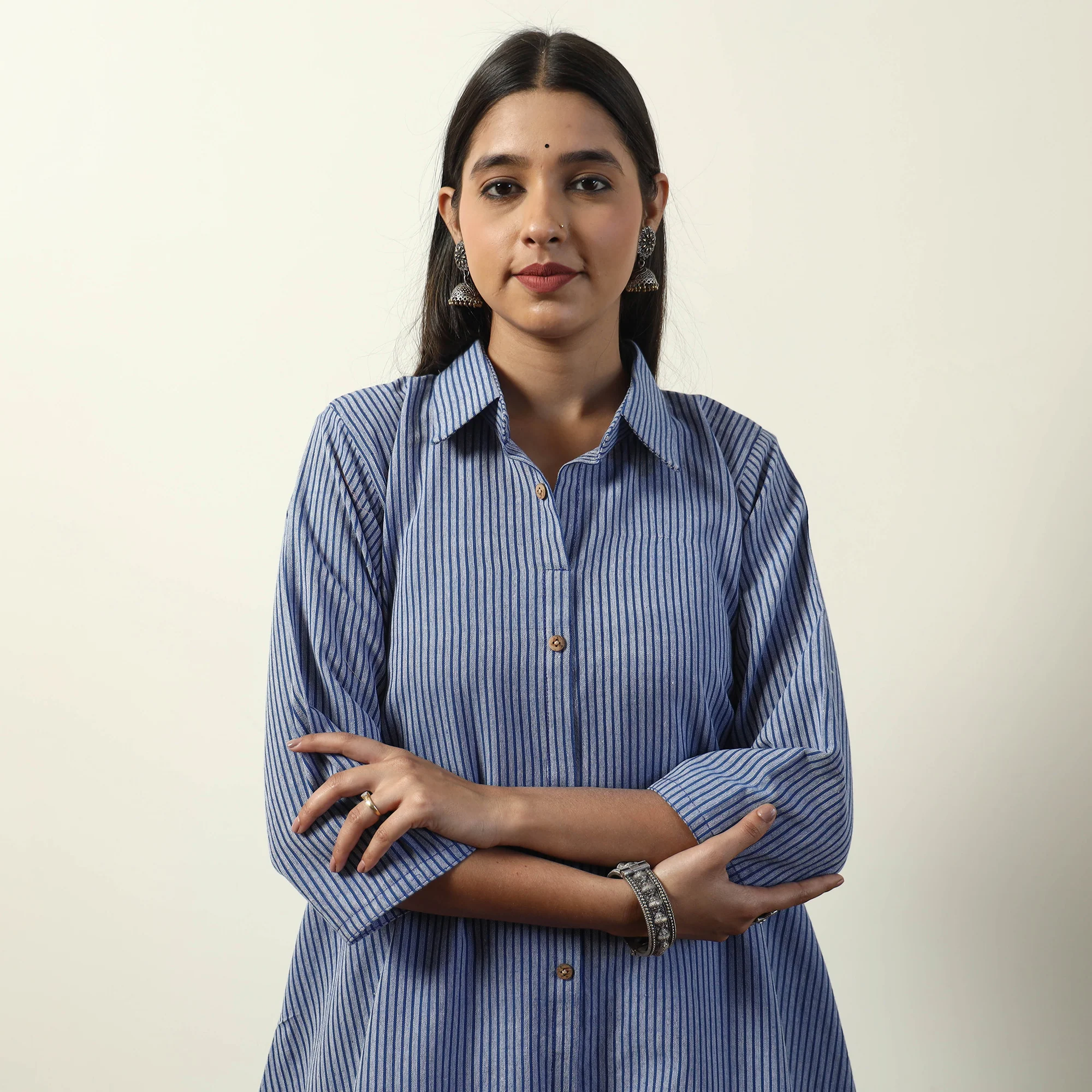 Blue - Jhiri Handloom Cotton A-Line Long Kurta