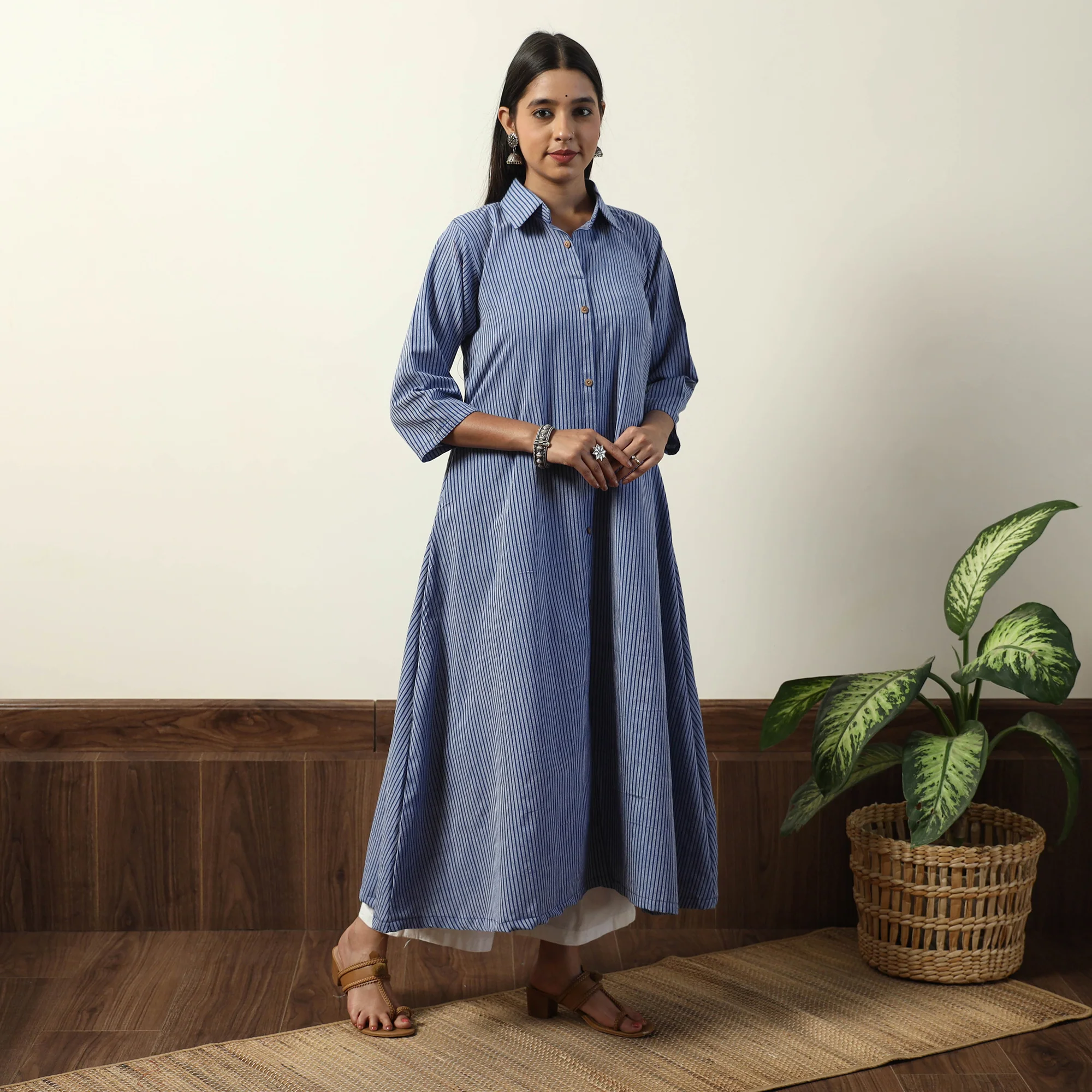 Blue - Jhiri Handloom Cotton A-Line Long Kurta - Image 2