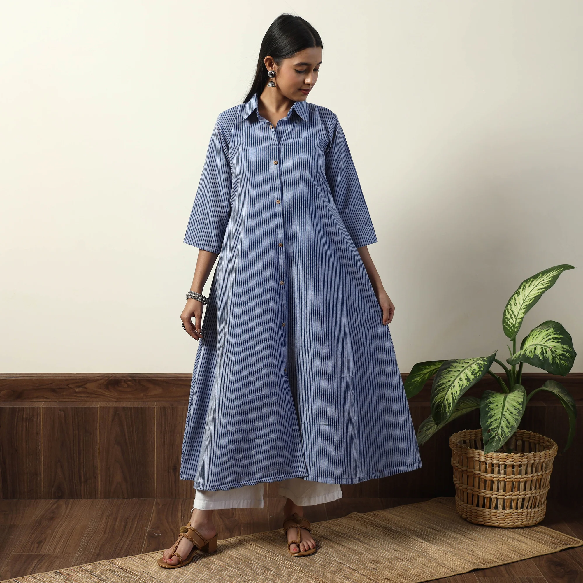 Blue - Jhiri Handloom Cotton A-Line Long Kurta - Image 3