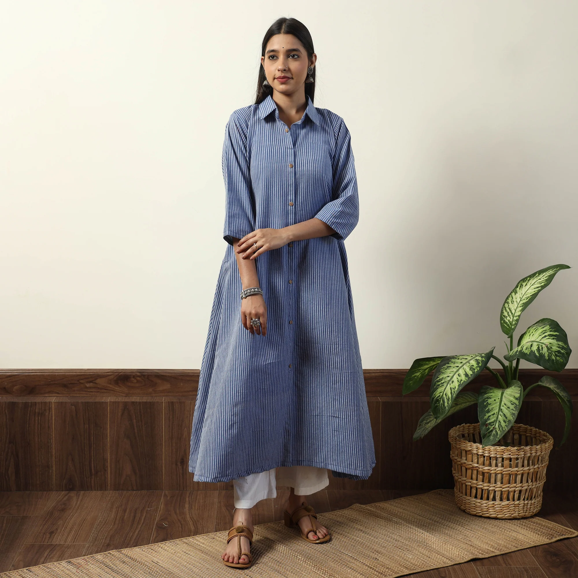 Blue - Jhiri Handloom Cotton A-Line Long Kurta - Image 4