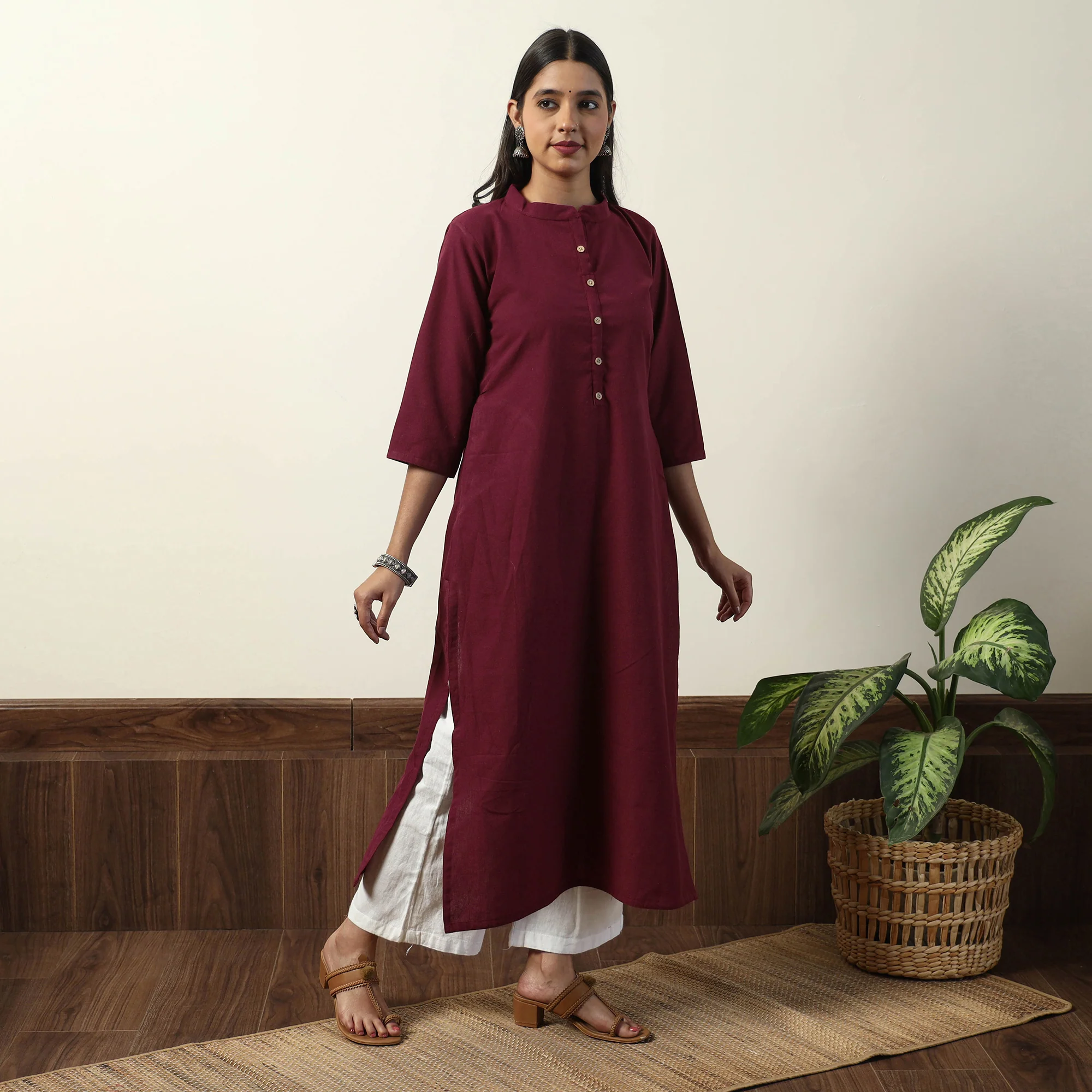 Maroon - Jhiri Handloom Cotton Straight Long Kurta - Image 3