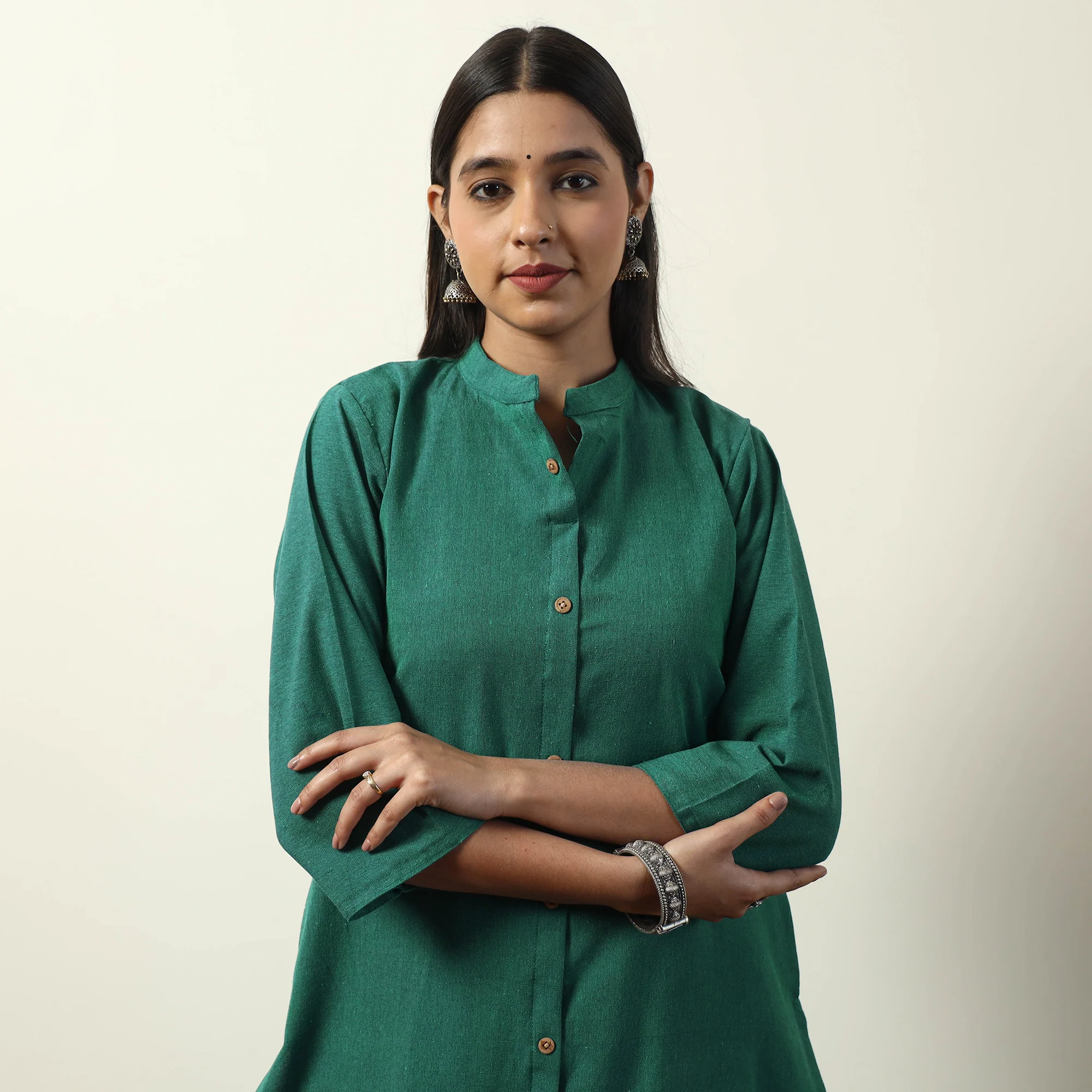Green - Jhiri Handloom Cotton Straight Long Kurta