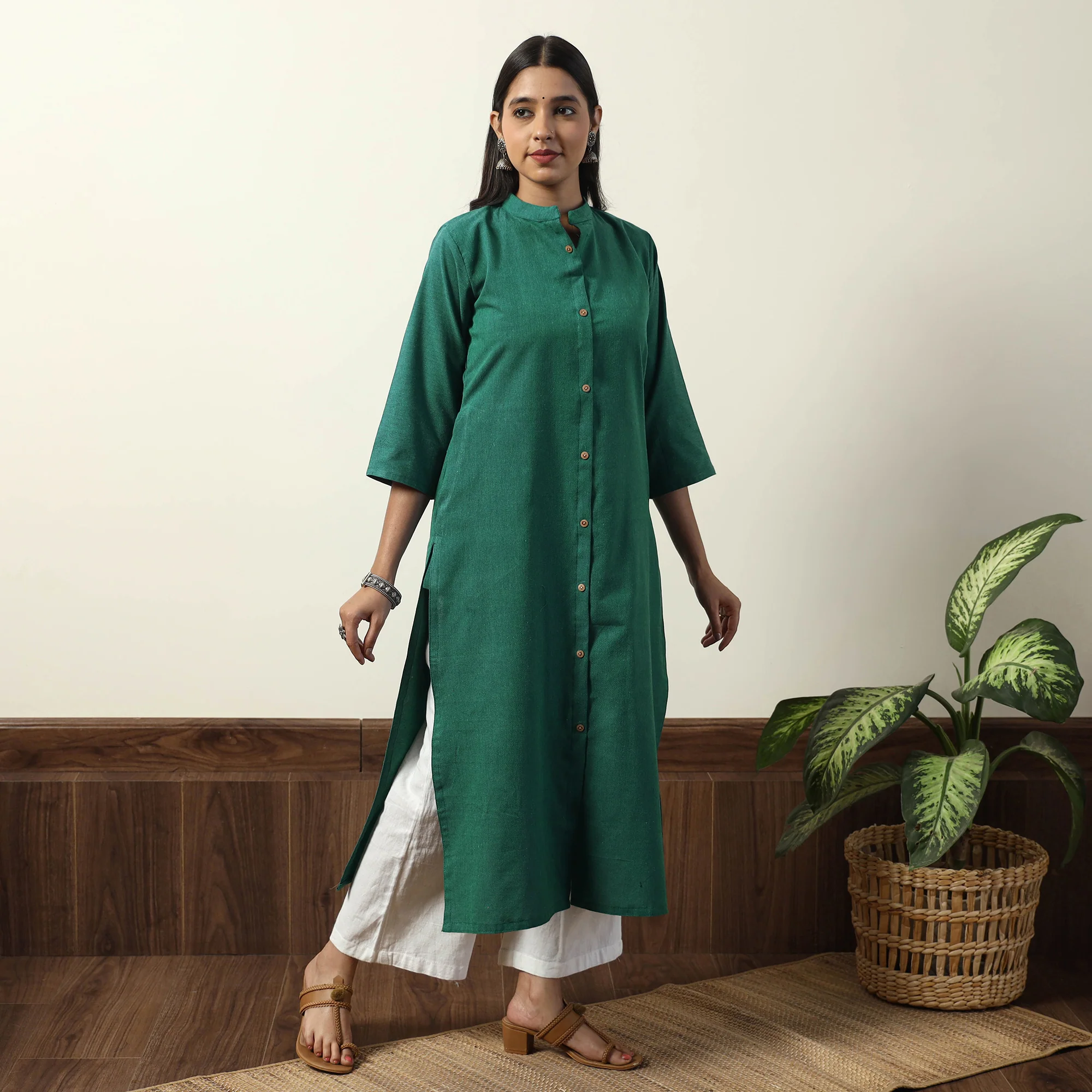 Green - Jhiri Handloom Cotton Straight Long Kurta - Image 4