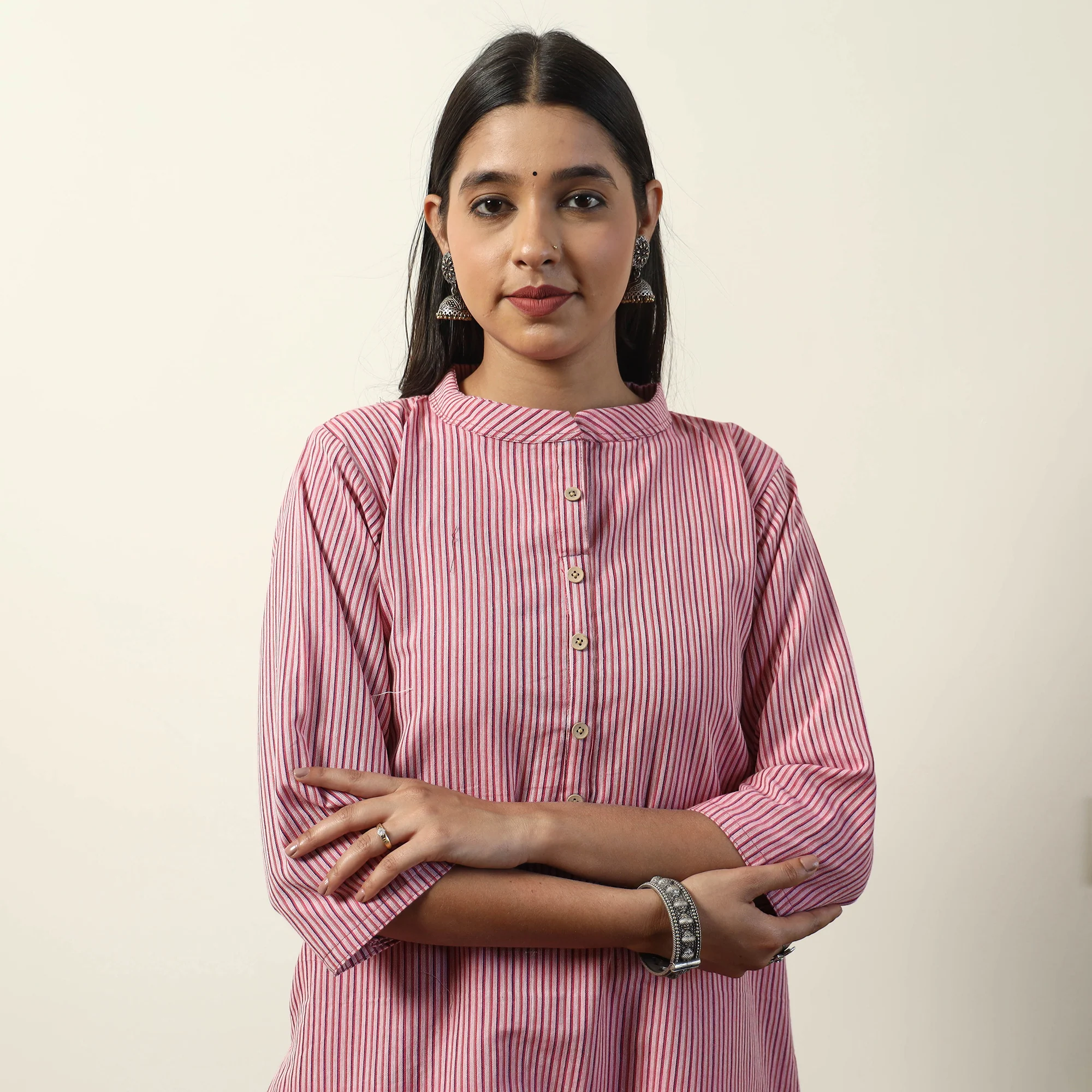 Pink - Jhiri Handloom Cotton Straight Long Kurta