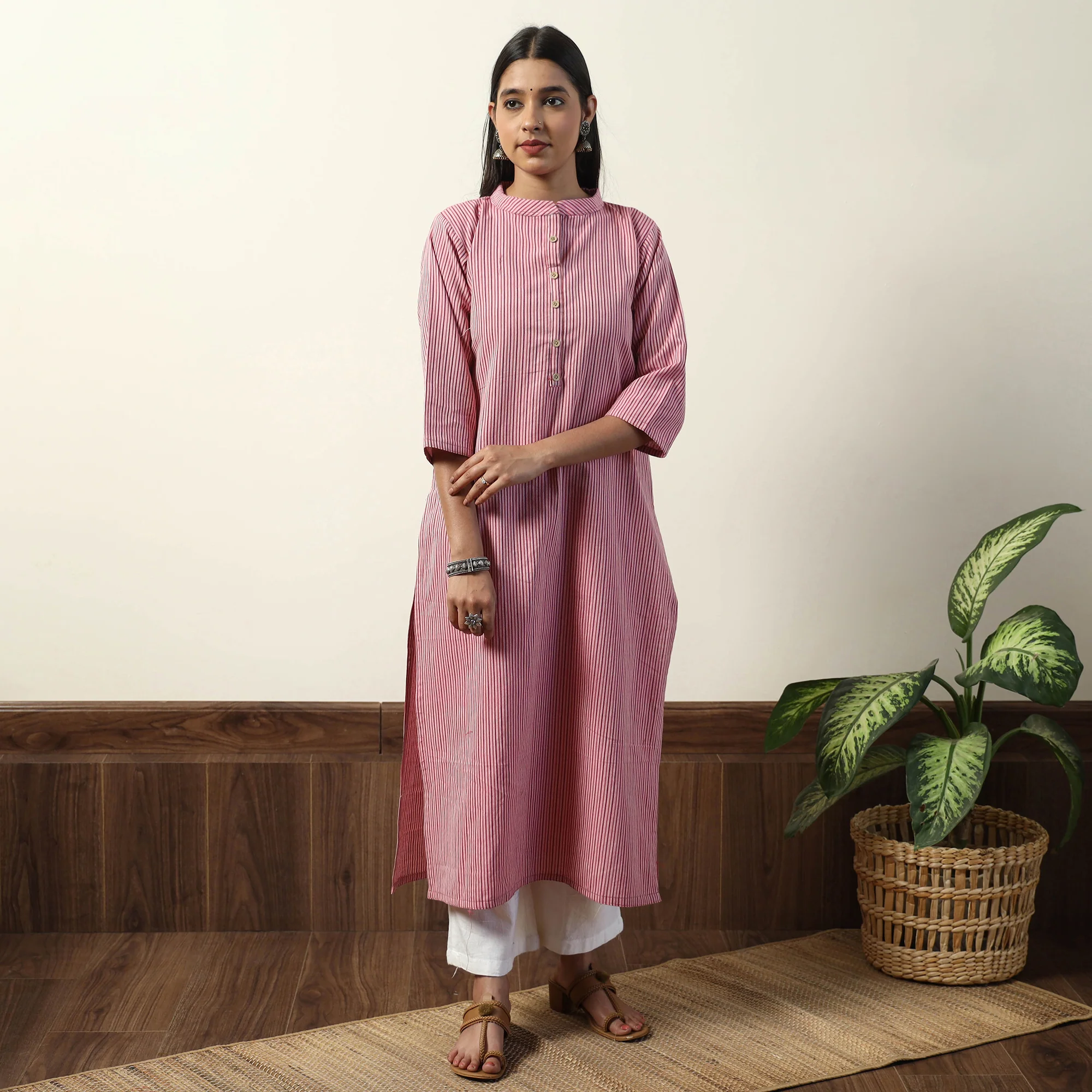 Pink - Jhiri Handloom Cotton Straight Long Kurta - Image 3