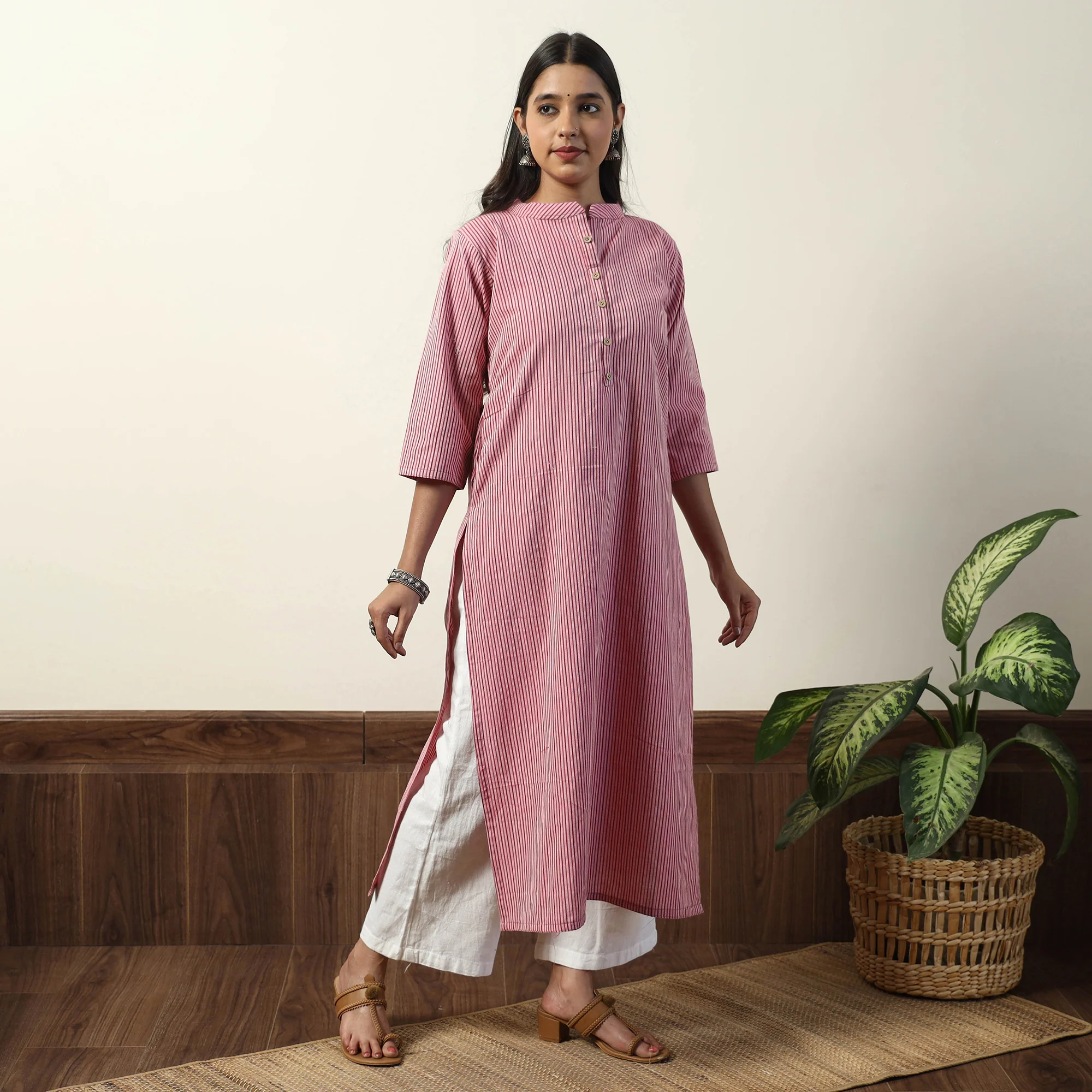 Pink - Jhiri Handloom Cotton Straight Long Kurta - Image 4