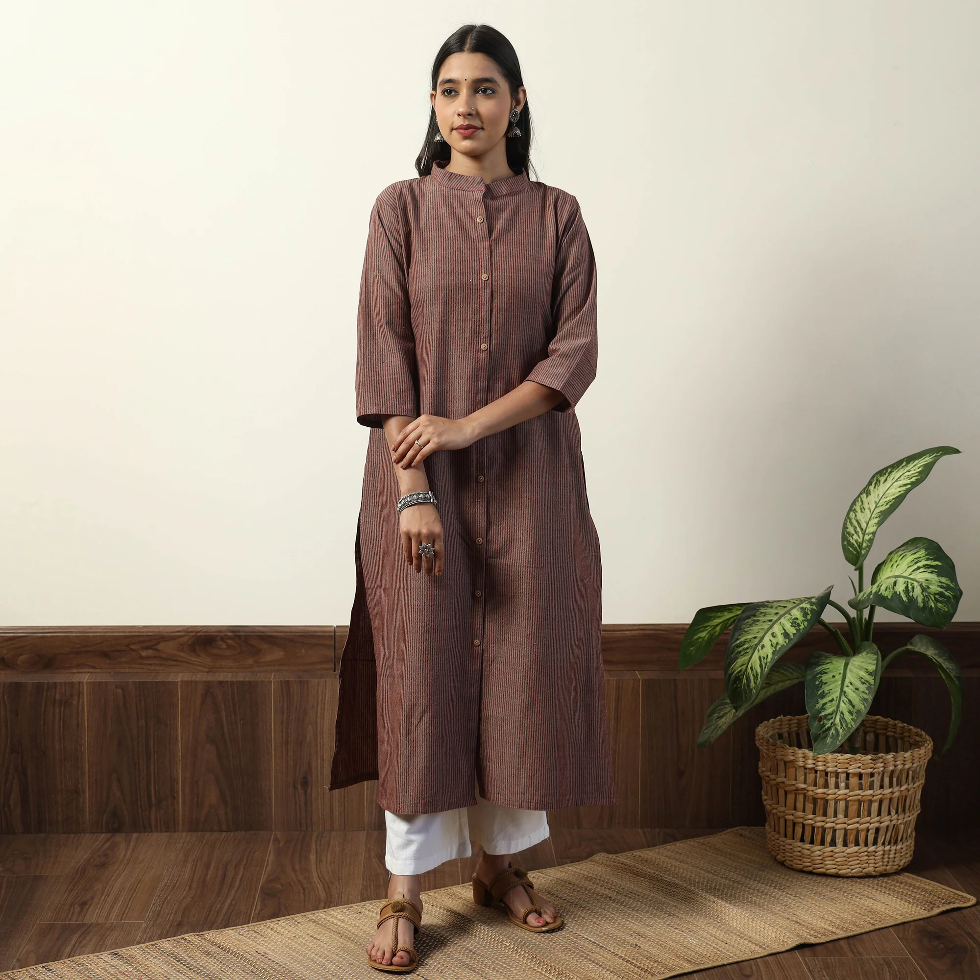 Dark Brown - Jhiri Handloom Cotton Straight Long Kurta - Image 3