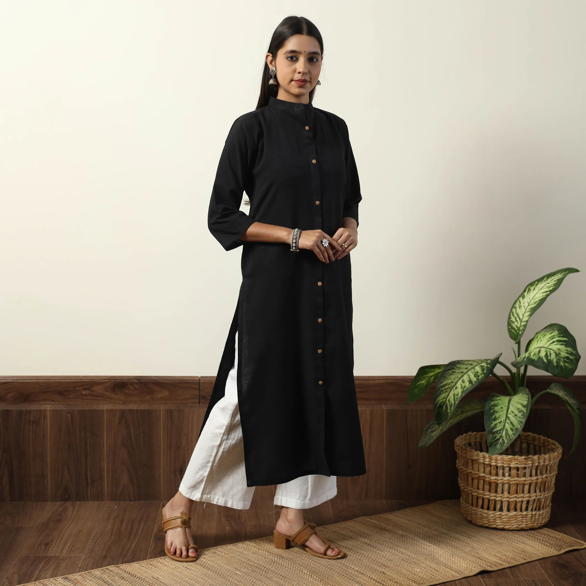 Black - Jhiri Handloom Cotton Straight Long Kurta
