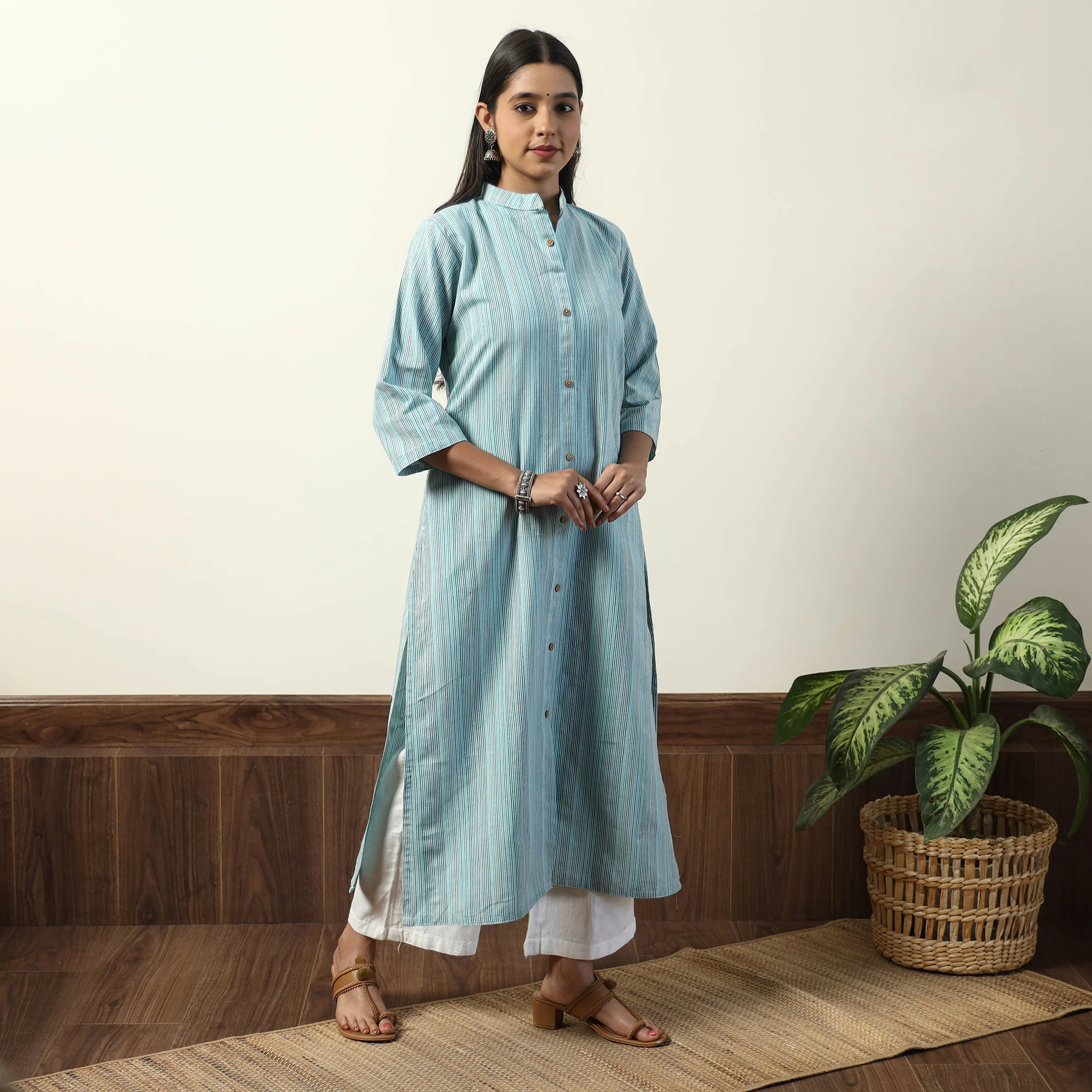 Sky Blue - Jhiri Handloom Cotton Straight Long Kurta