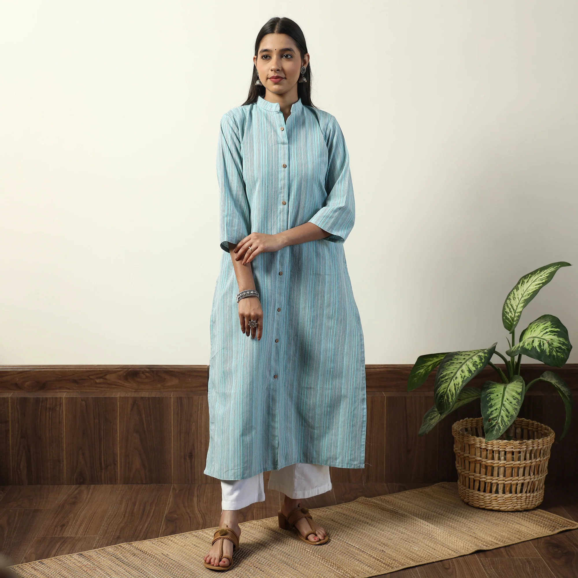 Sky Blue - Jhiri Handloom Cotton Straight Long Kurta - Image 2