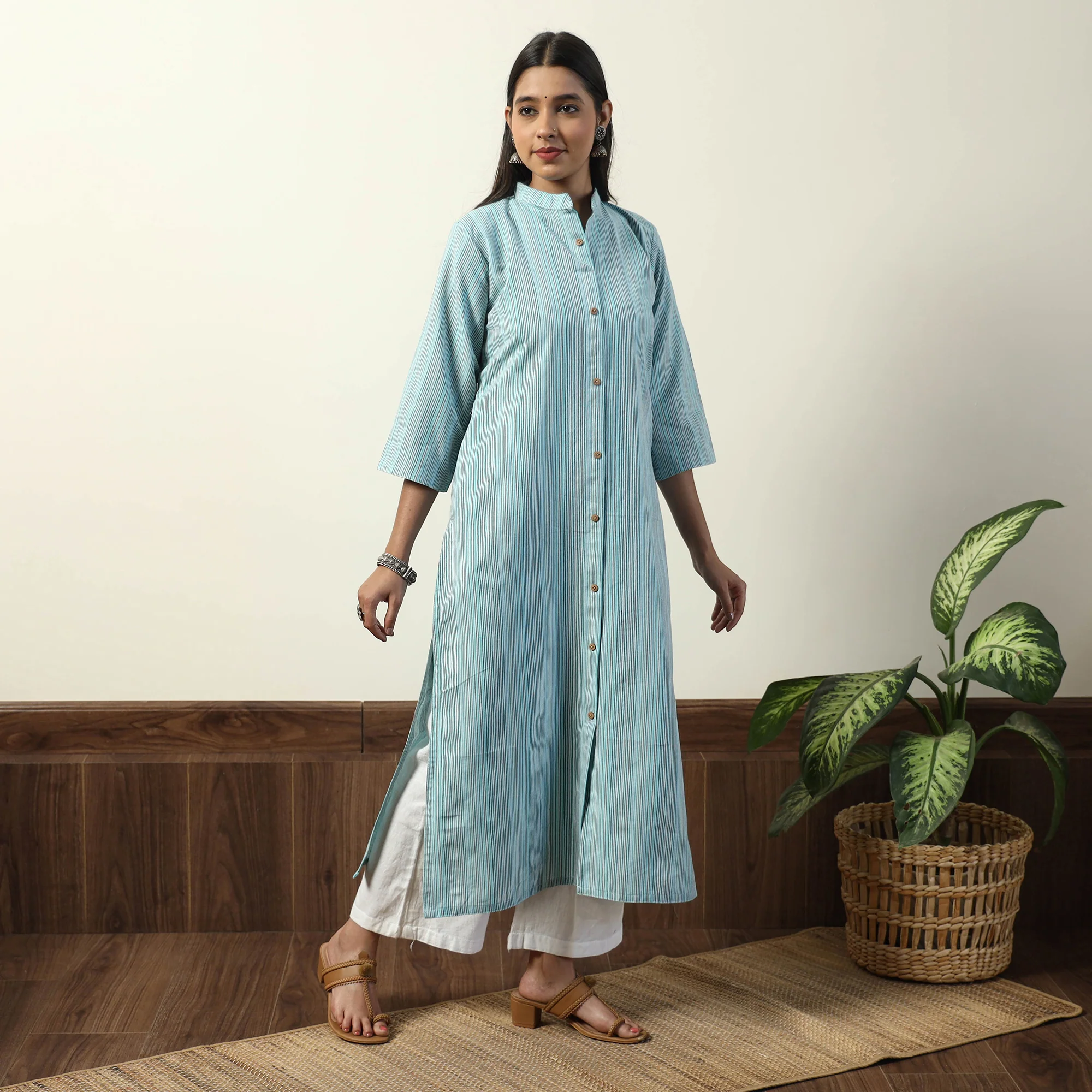 Sky Blue - Jhiri Handloom Cotton Straight Long Kurta - Image 3