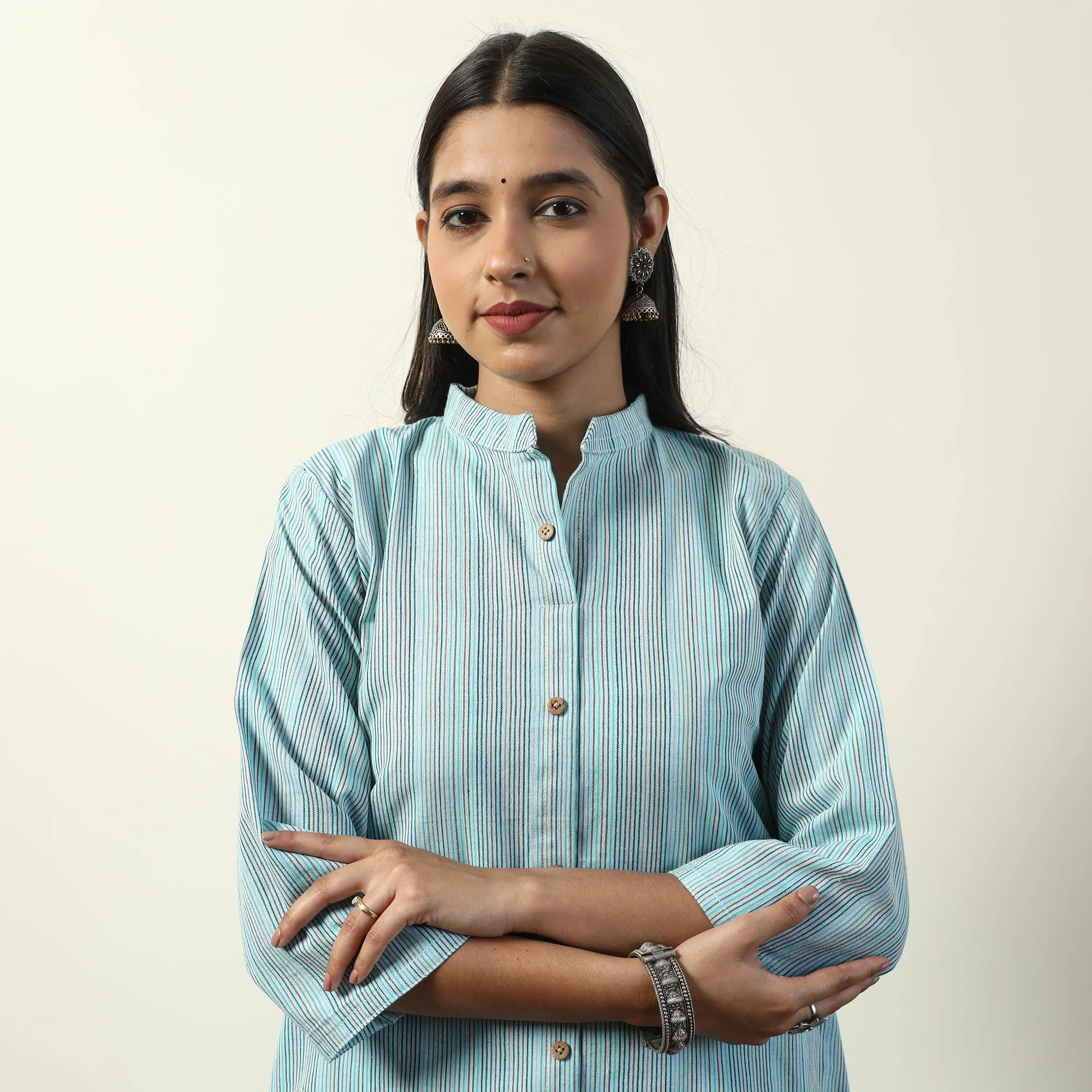 Sky Blue - Jhiri Handloom Cotton Straight Long Kurta - Image 4