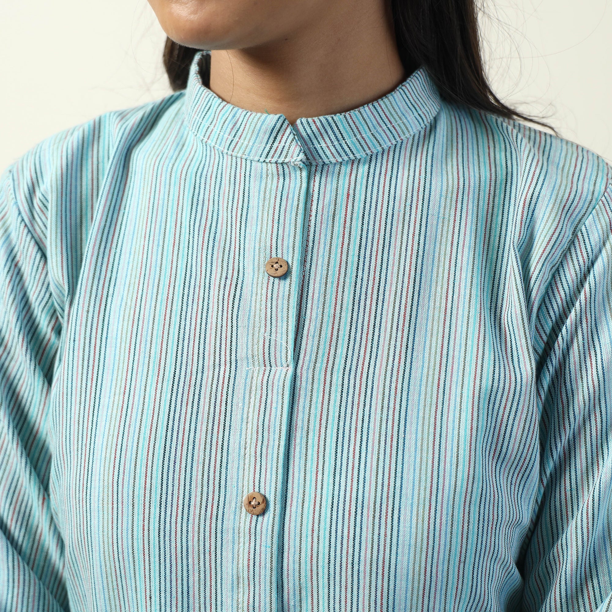 Sky Blue - Jhiri Handloom Cotton Straight Long Kurta - Image 5