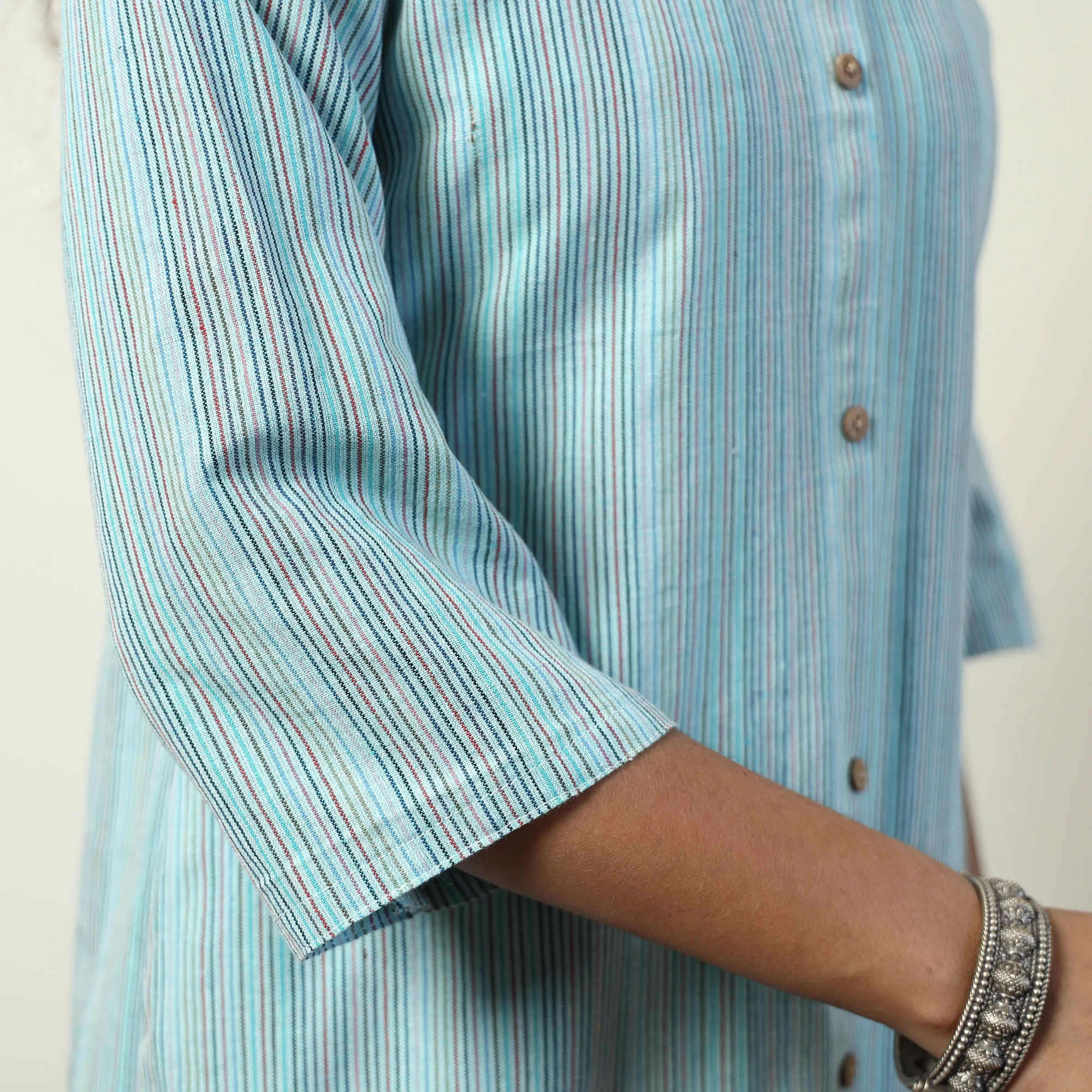 Sky Blue - Jhiri Handloom Cotton Straight Long Kurta - Image 6