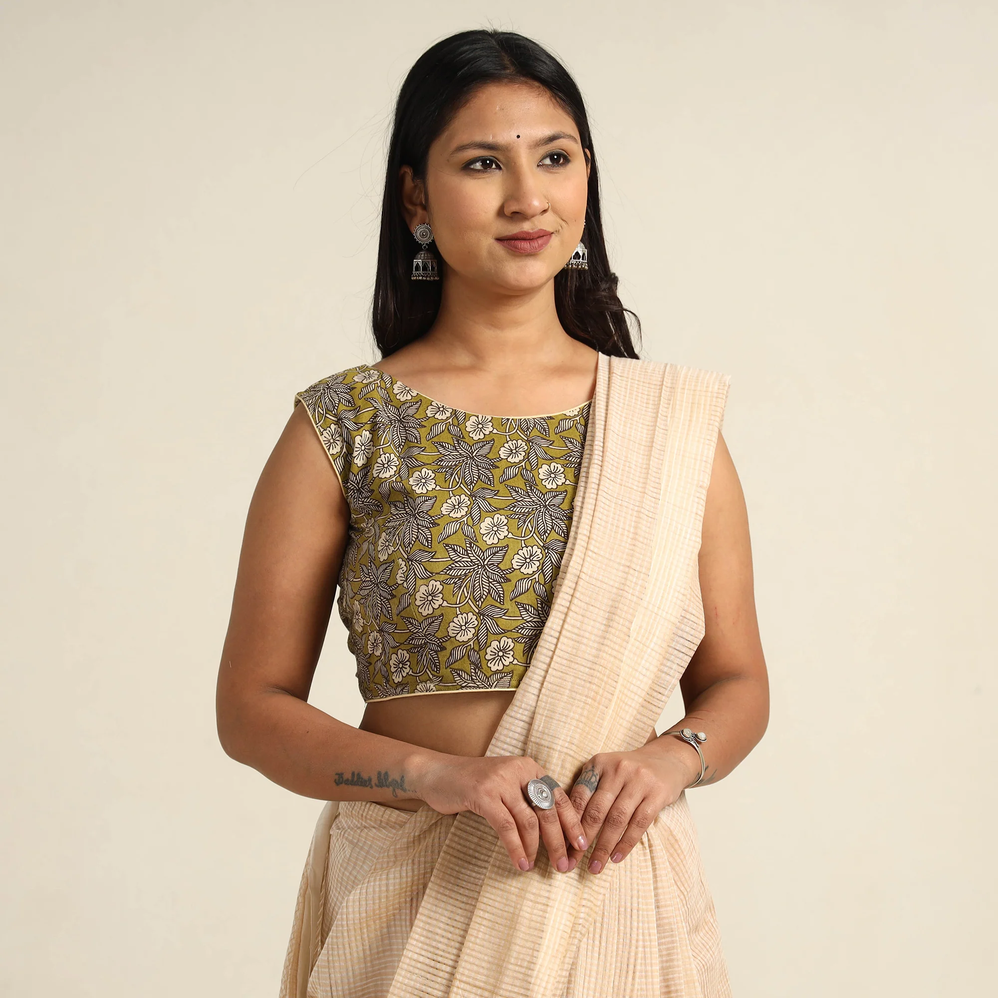 Green - Kalamkari Printed Cotton Stitched Blouse 01 - Image 3