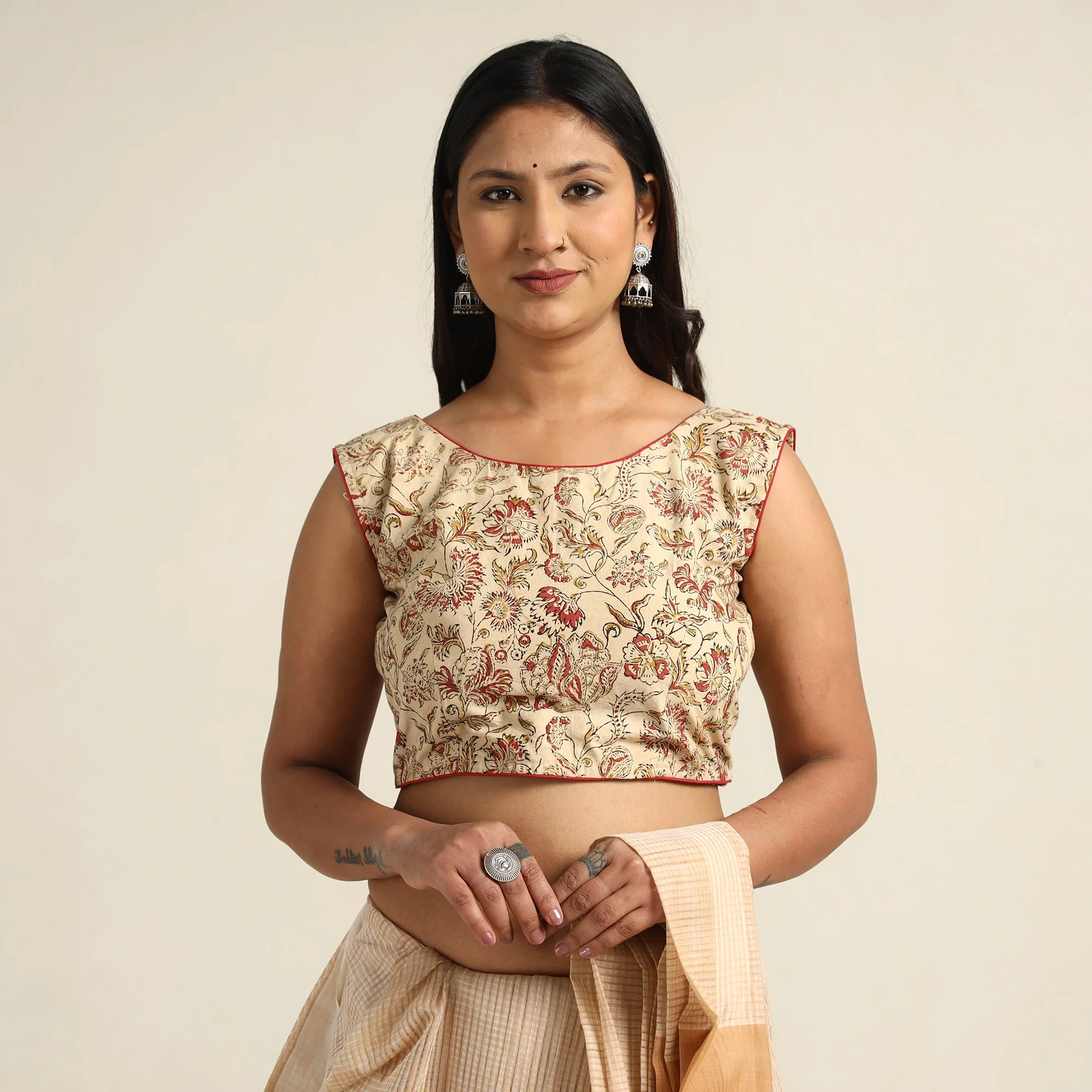 Beige - Pedana Kalamkari Block Printed Cotton Stitched Blouse 12 - Image 2