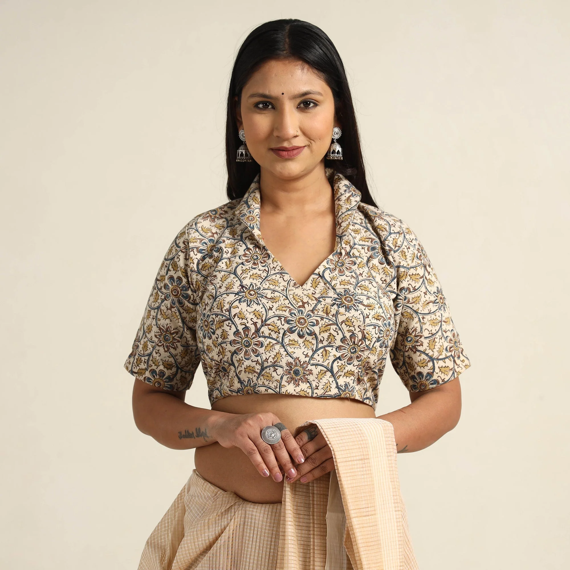 Beige - Pedana Kalamkari Block Printed Cotton Stitched Blouse 13 - Image 2
