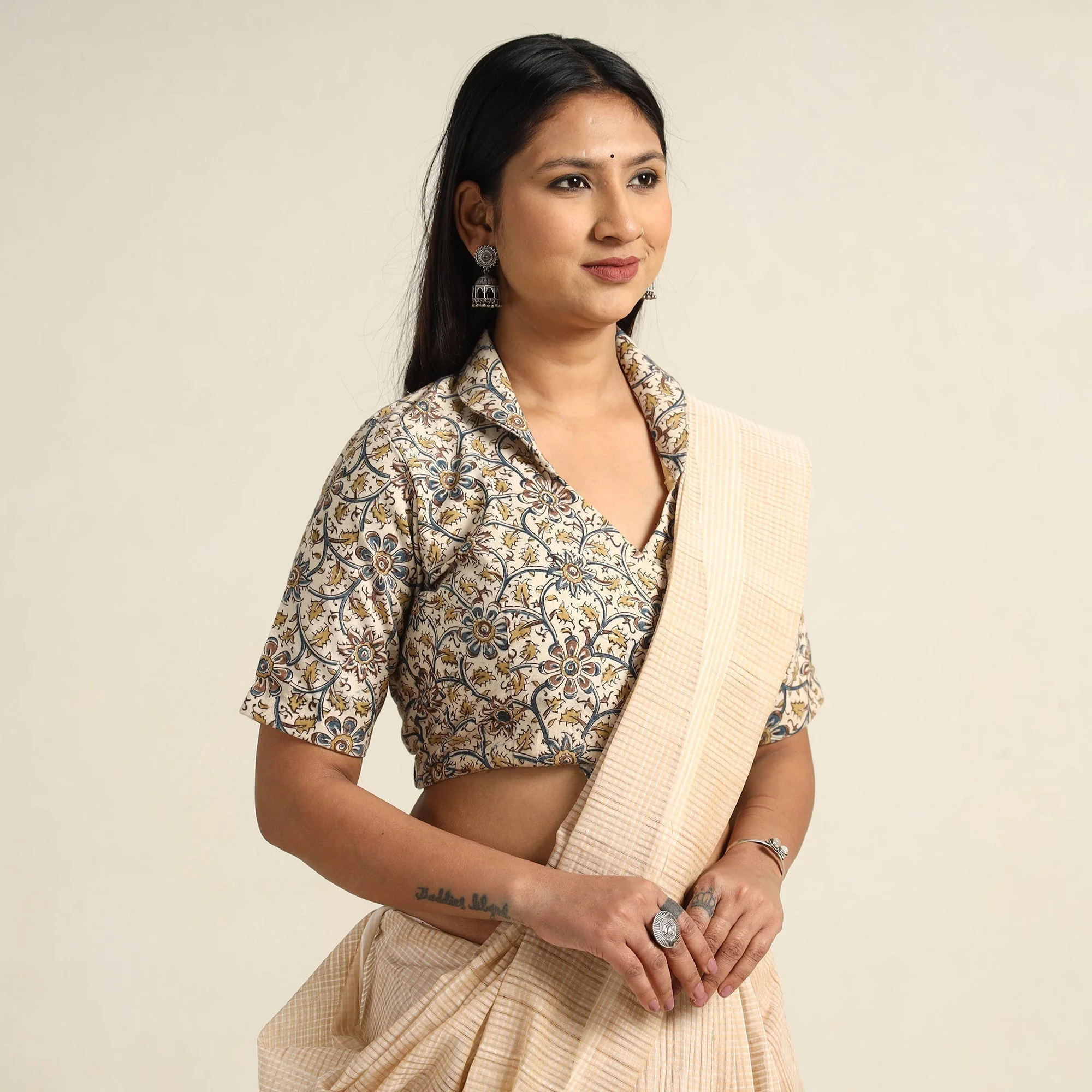 Beige - Pedana Kalamkari Block Printed Cotton Stitched Blouse 13 - Image 3