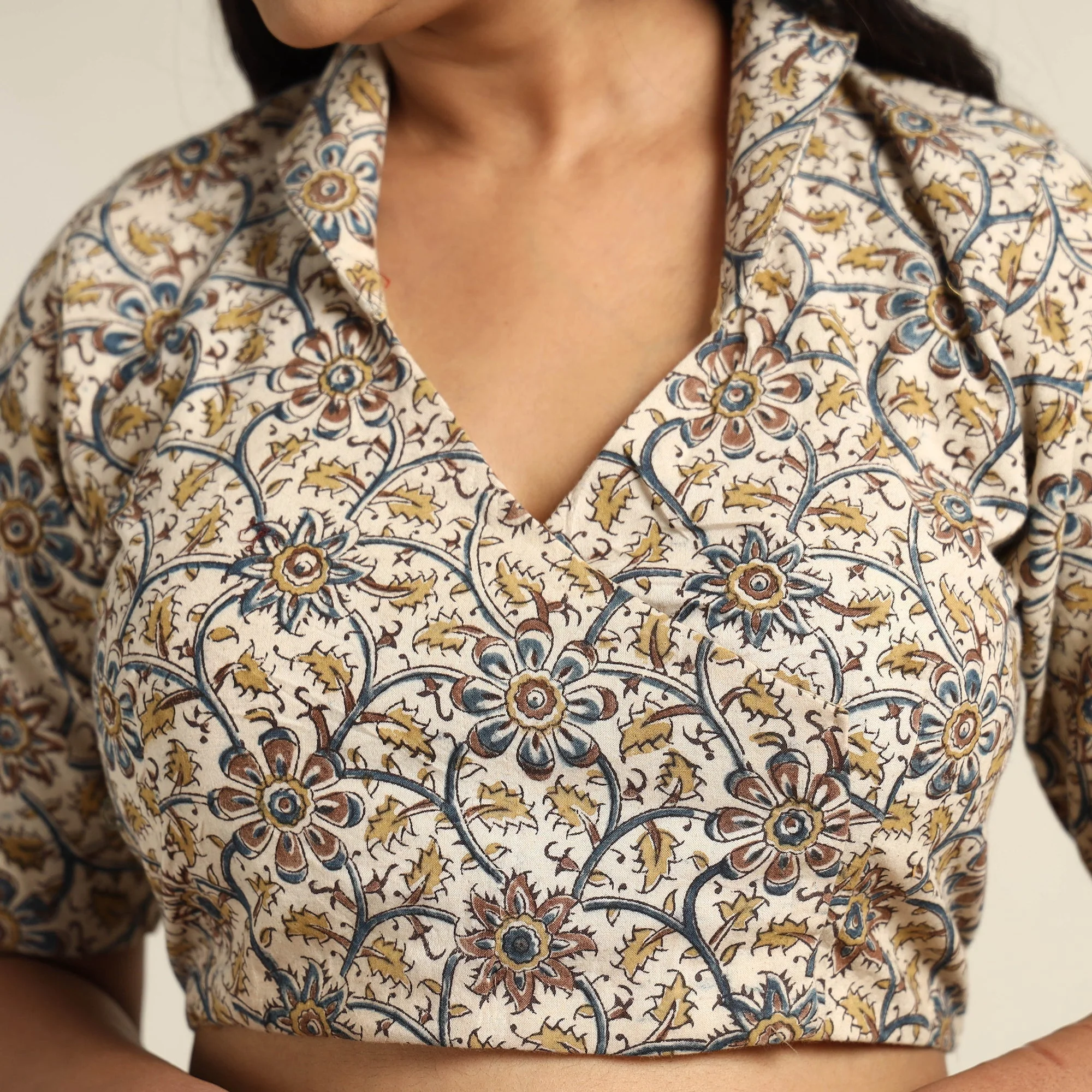 Beige - Pedana Kalamkari Block Printed Cotton Stitched Blouse 13 - Image 4