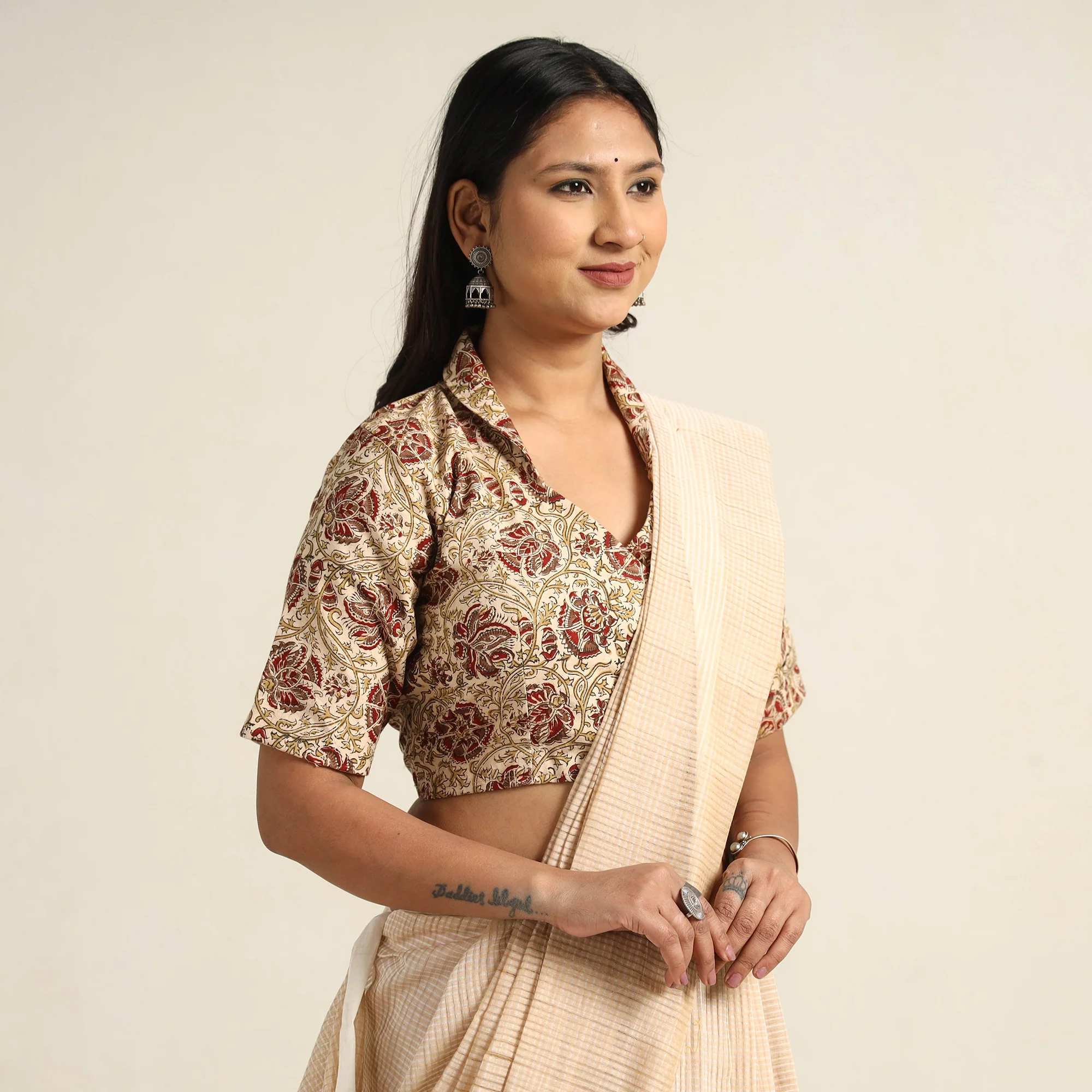 Beige - Pedana Kalamkari Block Printed Cotton Stitched Blouse 14 - Image 3