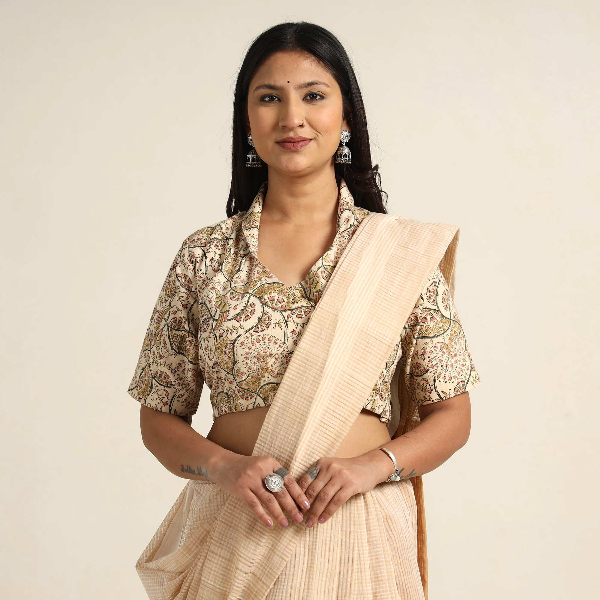 Beige - Pedana Kalamkari Block Printed Cotton Stitched Blouse 15